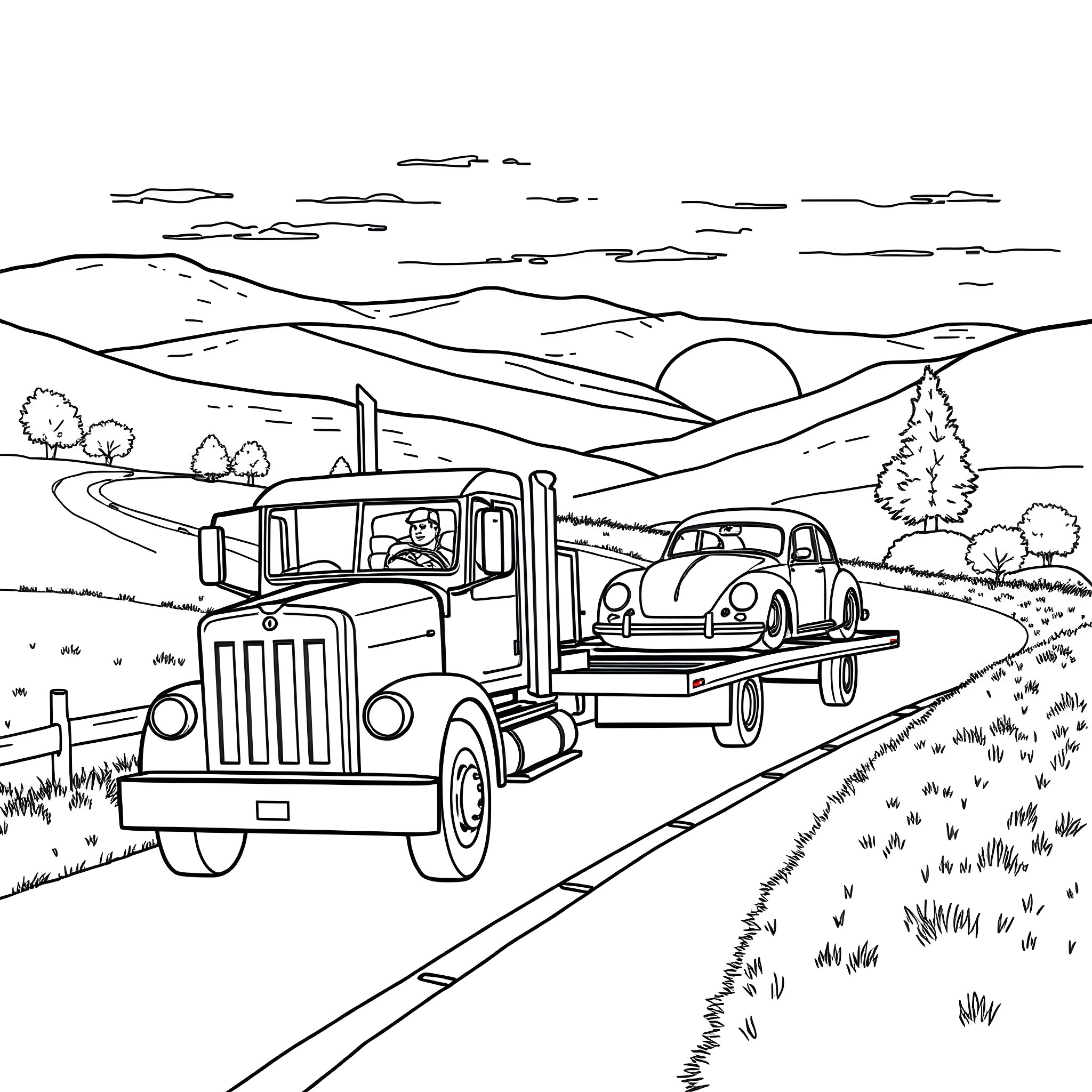 Tow Truck Transporting Classic Car on Mountain Road Coloring Page (free black-and-white line drawing printable PDF for all, from beginners to advanced learners, including children, teens, adults, and seniors)