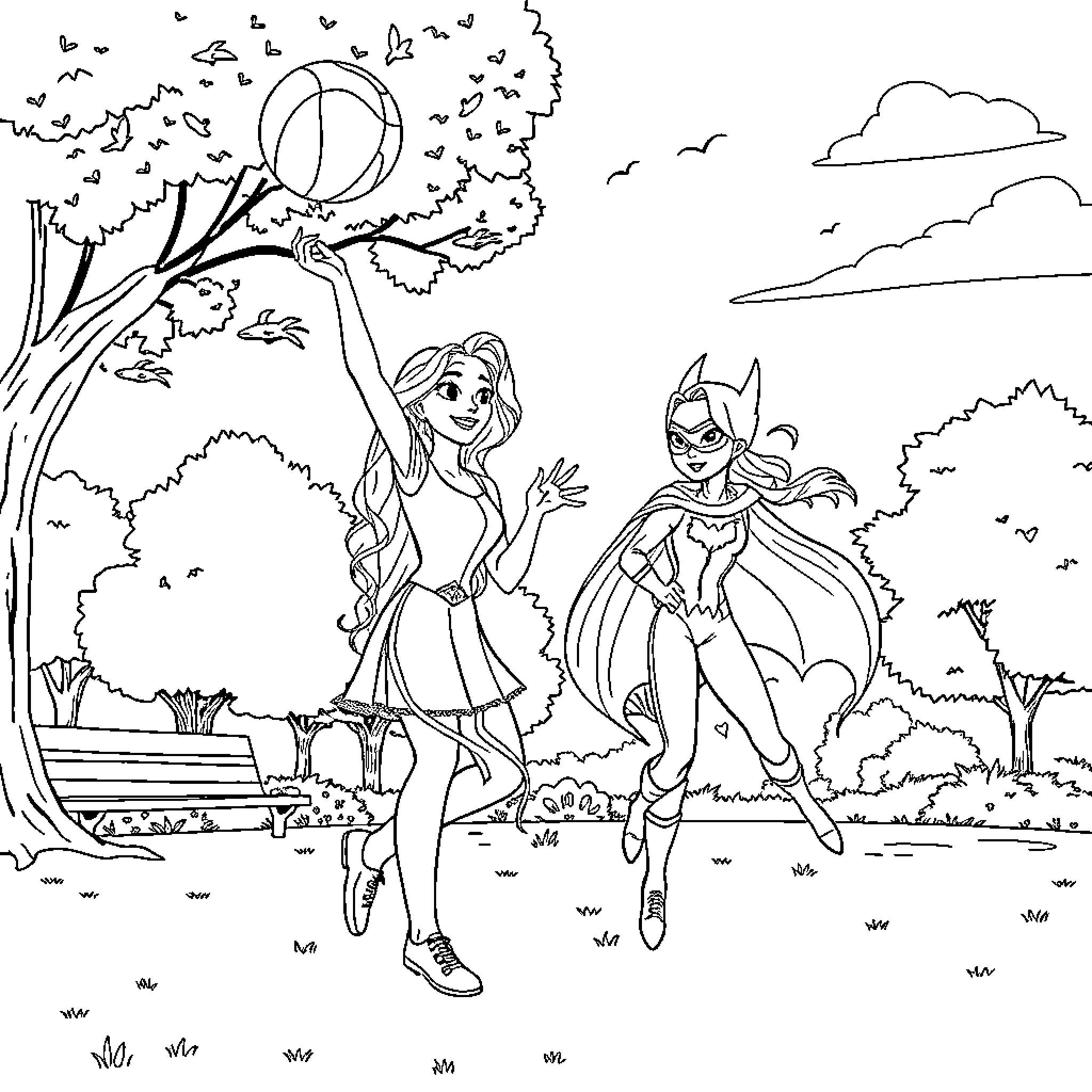 Rapunzel and Batgirl enjoying a day in the park Coloring Page (free black-and-white line drawing printable PDF for all, from beginners to advanced learners, including children, teens, adults, and seniors)