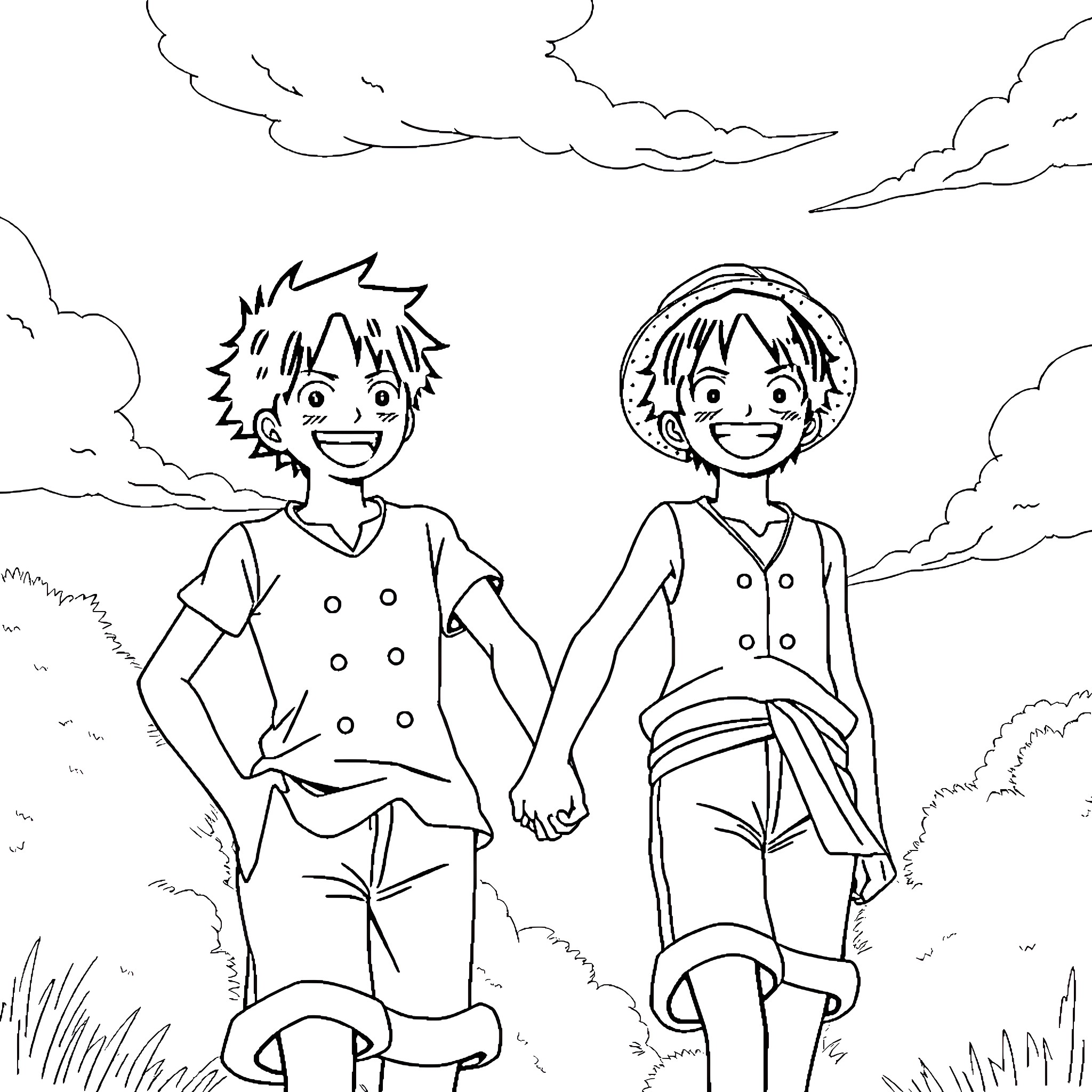 Nezuko and companion enjoying outdoor adventure Coloring Page (free black-and-white line drawing printable PDF for all, from beginners to advanced learners, including children, teens, adults, and seniors)