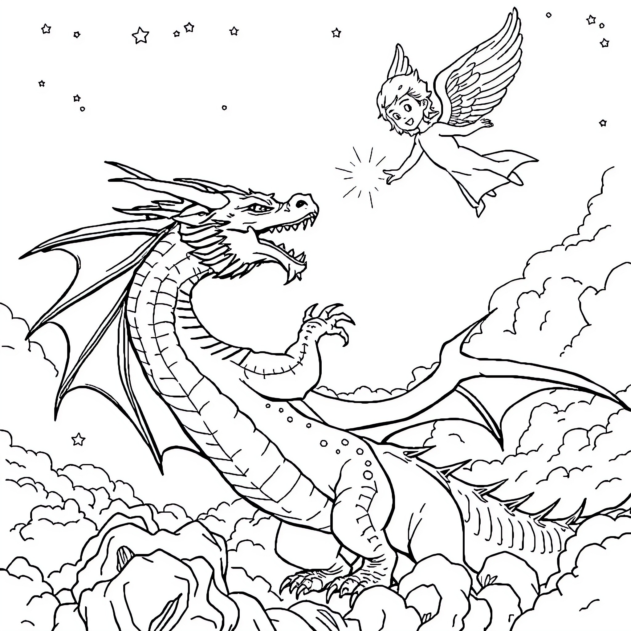 Dragon and Winged Creature in Cloudy Skies Coloring Page (free black-and-white line drawing printable PDF for all, from beginners to advanced learners, including children, teens, adults, and seniors)