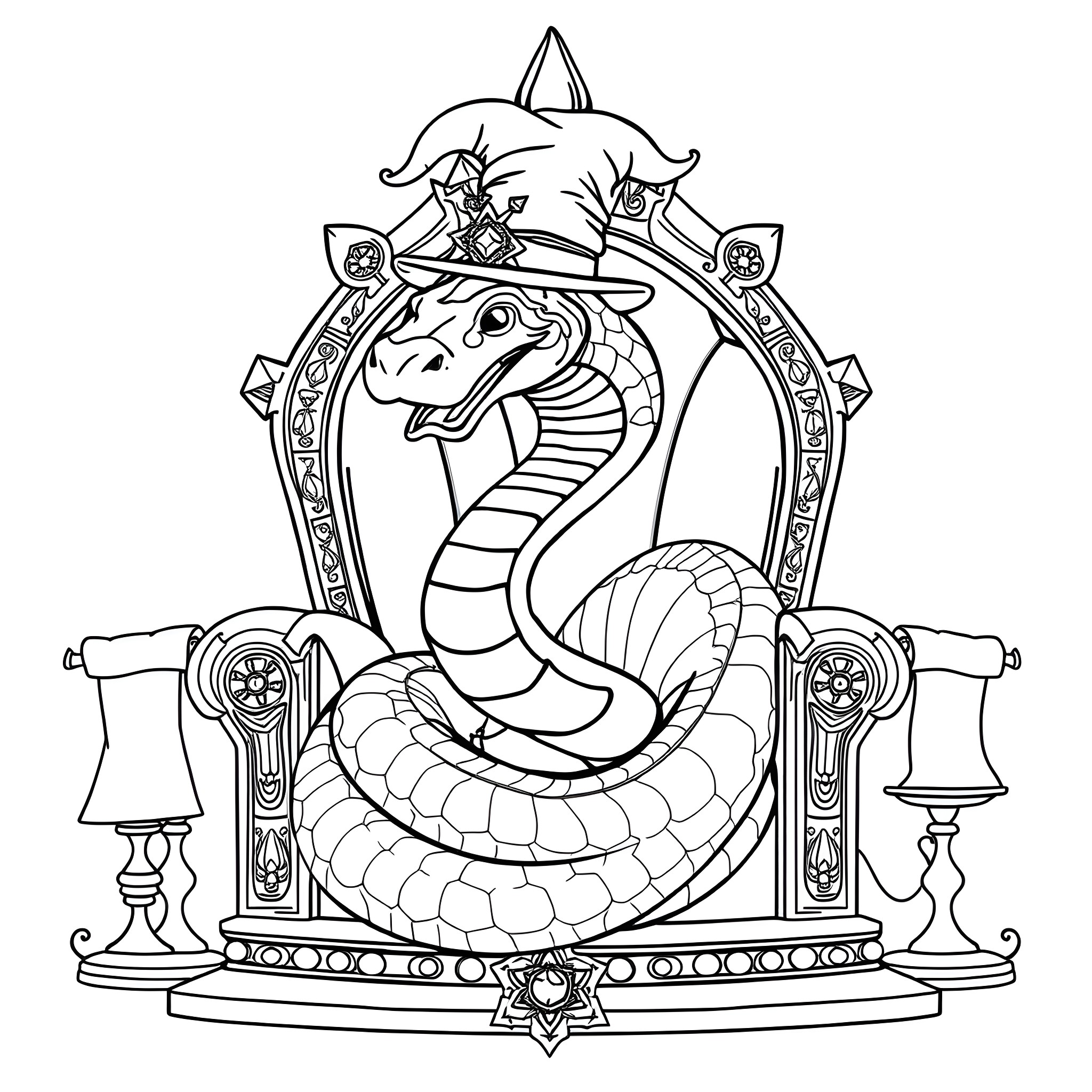 Snake on an ornate throne Coloring Page (free black-and-white line drawing printable PDF for all, from beginners to advanced learners, including children, teens, adults, and seniors)