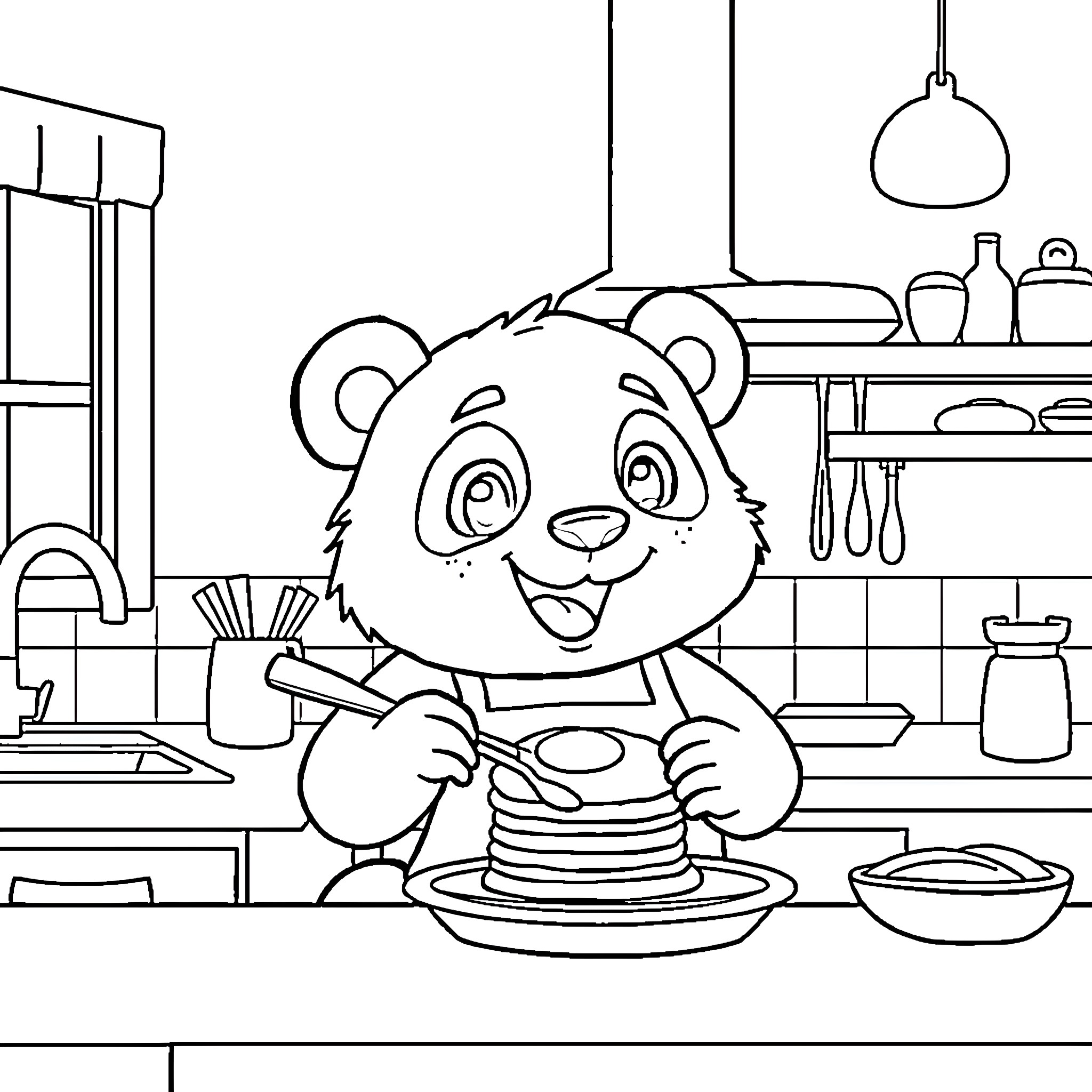 Panda Cooking Happily in the Kitchen Coloring Page (free black-and-white line drawing printable PDF for all, from beginners to advanced learners, including children, teens, adults, and seniors)