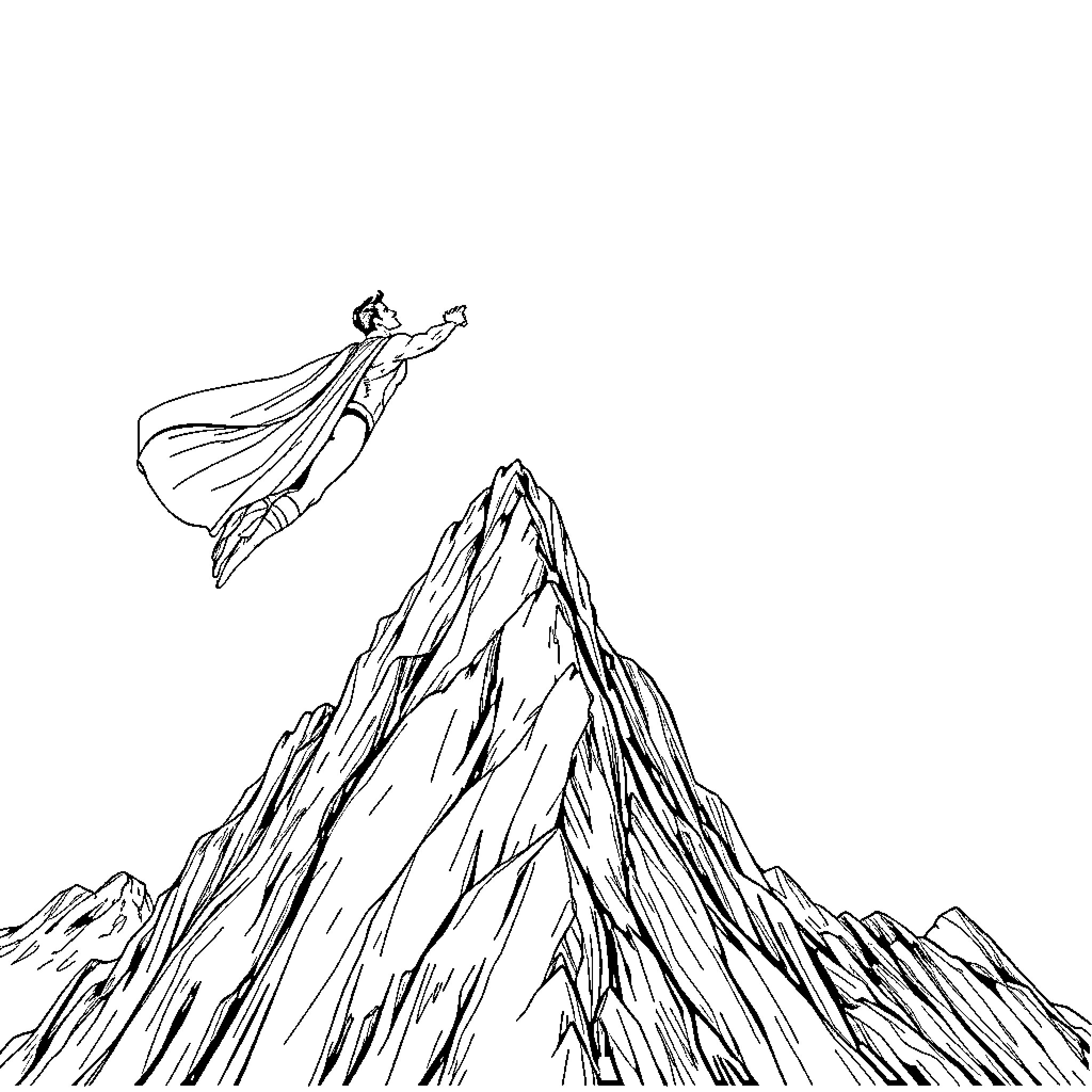 Superman soaring over majestic mountain peaks Coloring Page (free black-and-white line drawing printable PDF for all, from beginners to advanced learners, including children, teens, adults, and seniors)