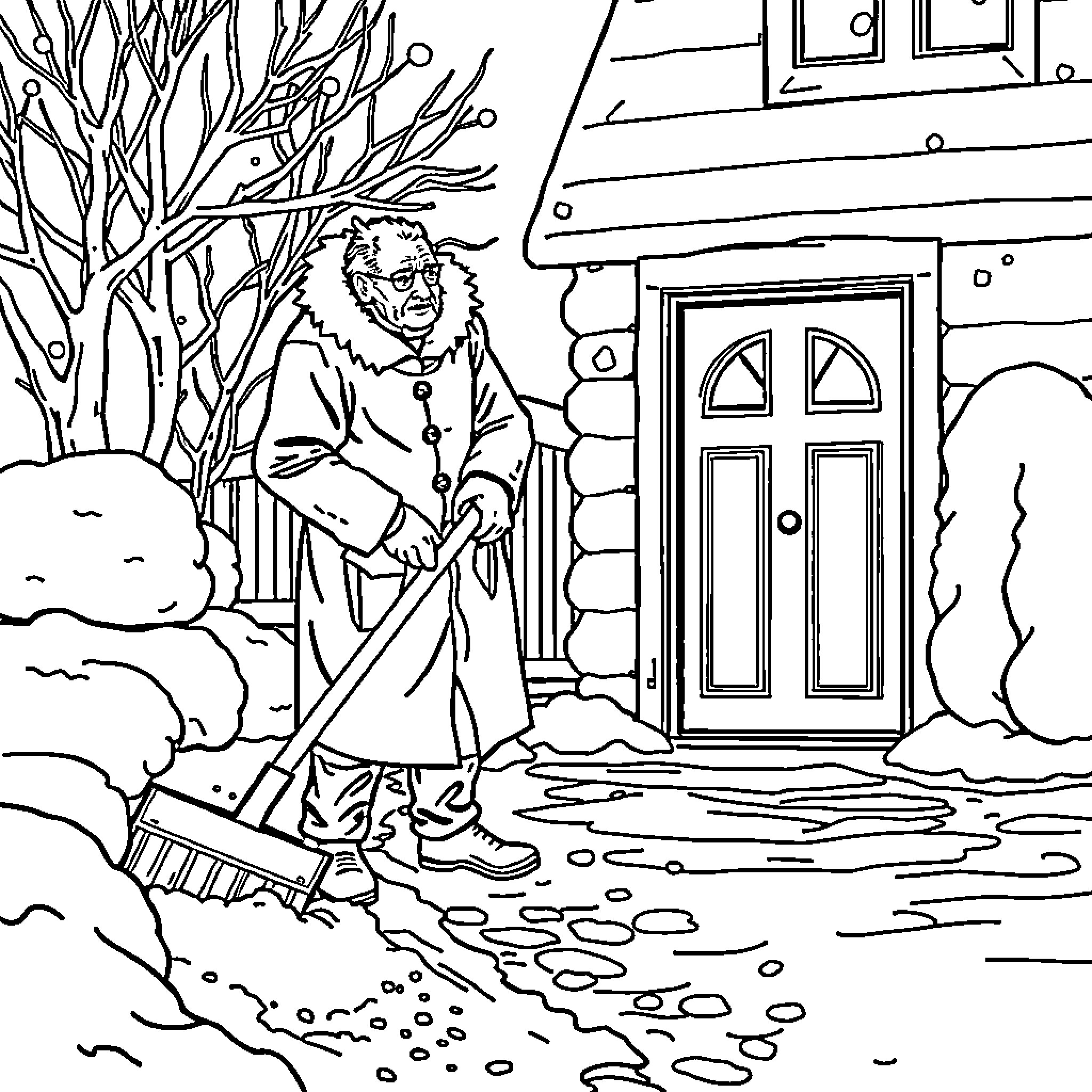 Man shoveling snow outside log cabin in winter Coloring Page (free black-and-white line drawing printable PDF for all, from beginners to advanced learners, including children, teens, adults, and seniors)