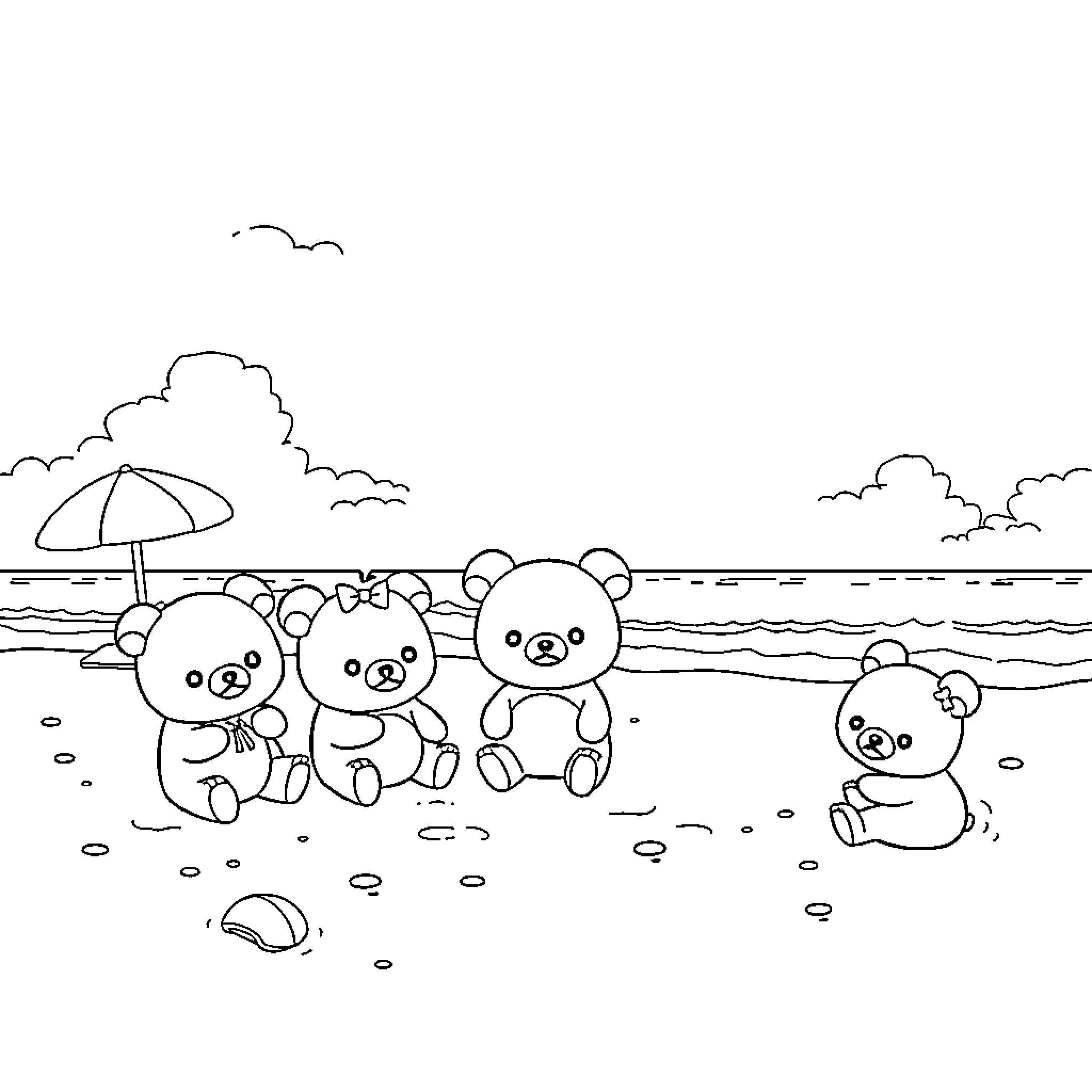 Rilakkuma and friends enjoying a day at the beach Coloring Page (free black-and-white line drawing printable PDF for all, from beginners to advanced learners, including children, teens, adults, and seniors)