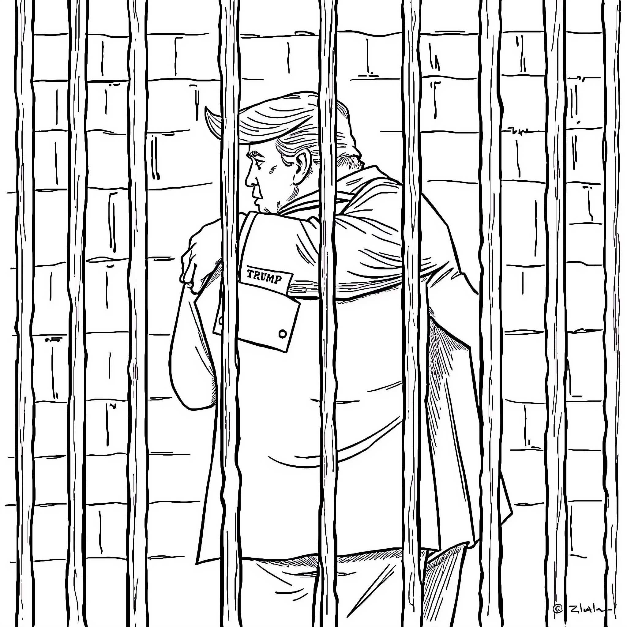 Trump behind bars in a prison cell Coloring Page (free black-and-white line drawing printable PDF for all, from beginners to advanced learners, including children, teens, adults, and seniors)