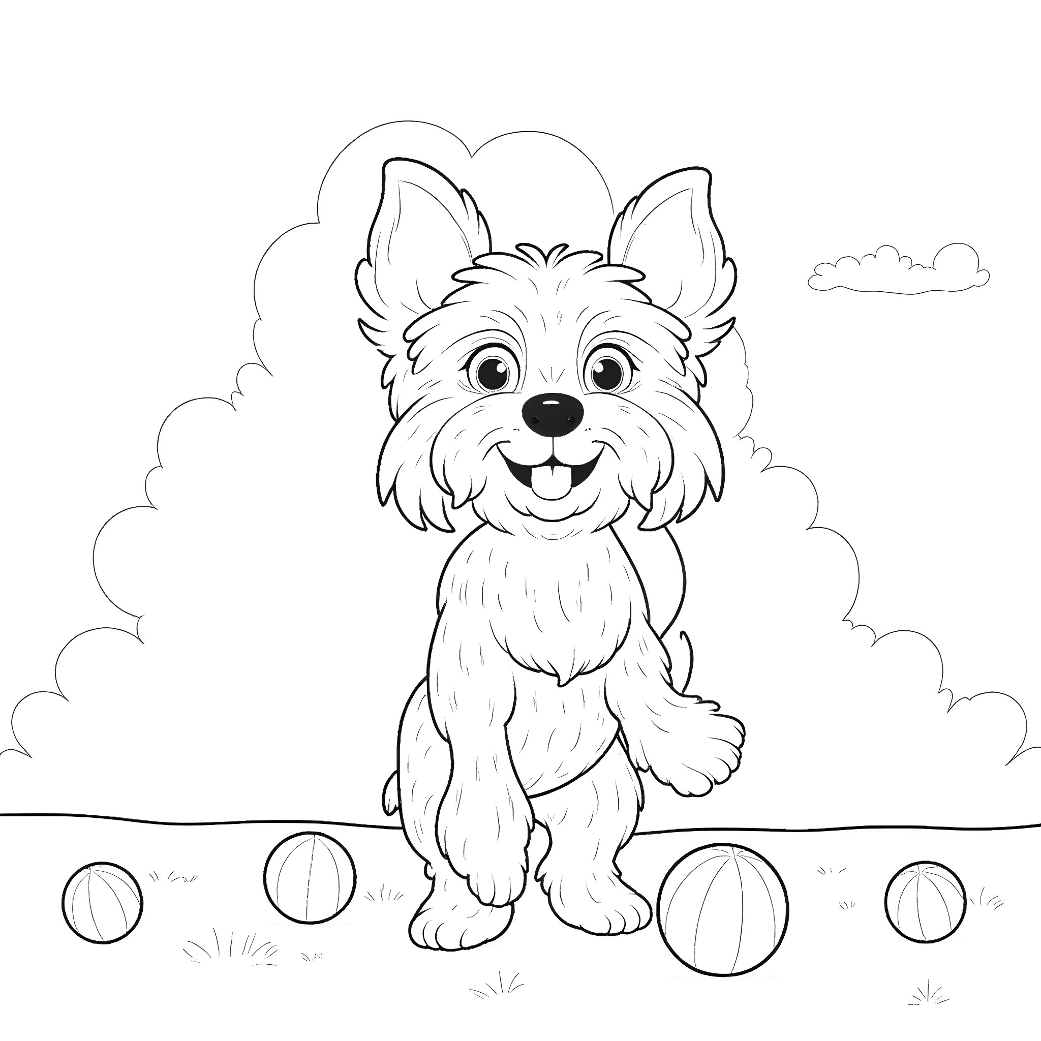 Yorkie playing happily with balls in the park Coloring Page (free black-and-white line drawing printable PDF for all, from beginners to advanced learners, including children, teens, adults, and seniors)
