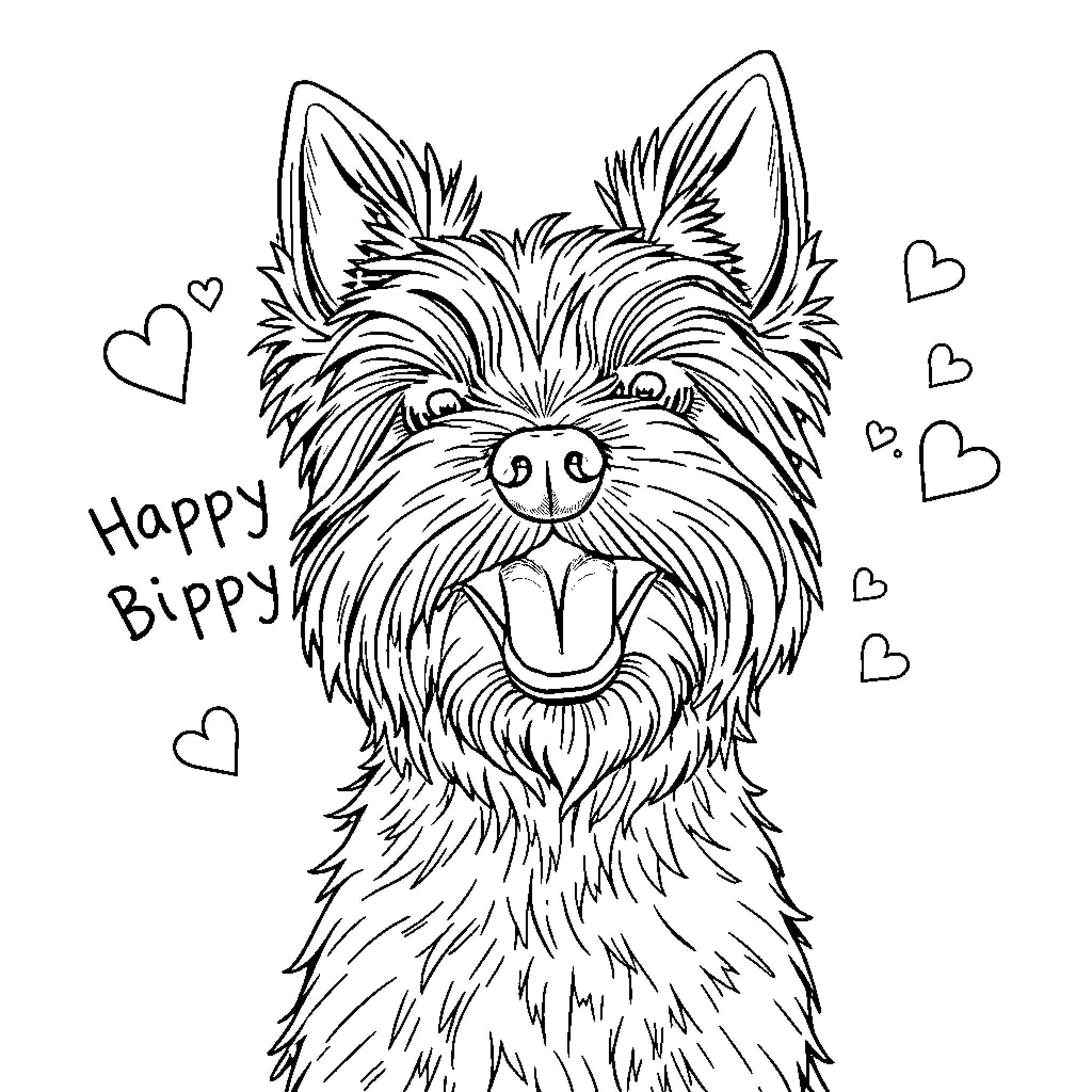 Yorkshire Terrier expressing happy and playful mood Coloring Page (free black-and-white line drawing printable PDF for all, from beginners to advanced learners, including children, teens, adults, and seniors)