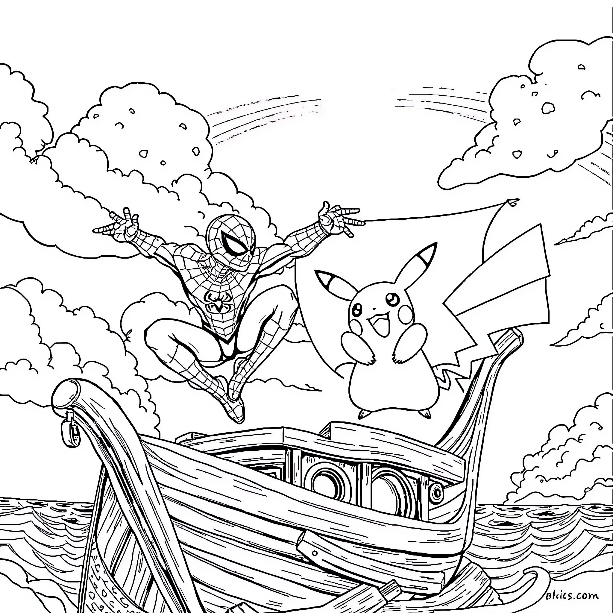 Spider-Man swinging into action with Pikachu on a boat Coloring Page (free black-and-white line drawing printable PDF for all, from beginners to advanced learners, including children, teens, adults, and seniors)