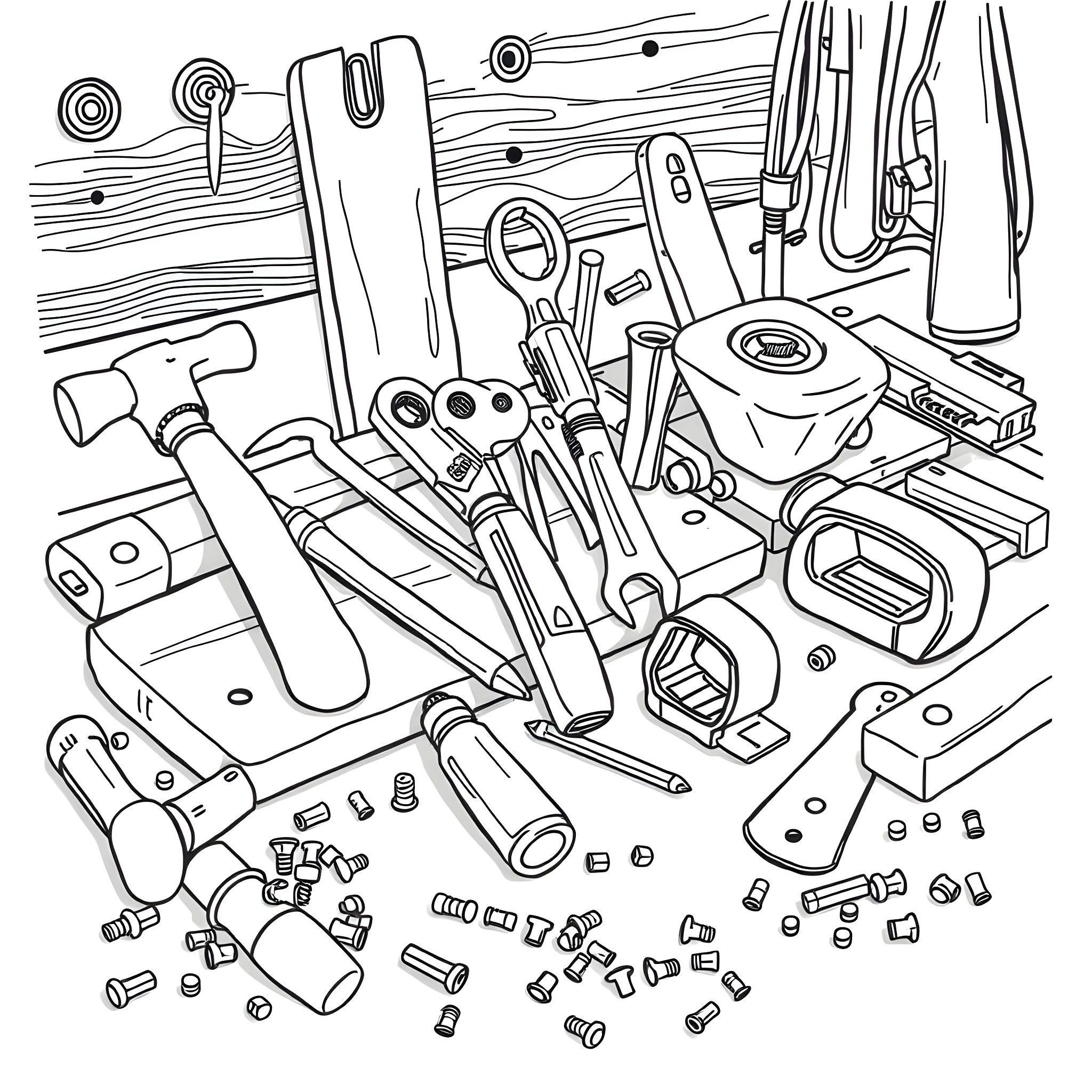 Tool collection with various parts and accessories Coloring Page (free black-and-white line drawing printable PDF for all, from beginners to advanced learners, including children, teens, adults, and seniors)