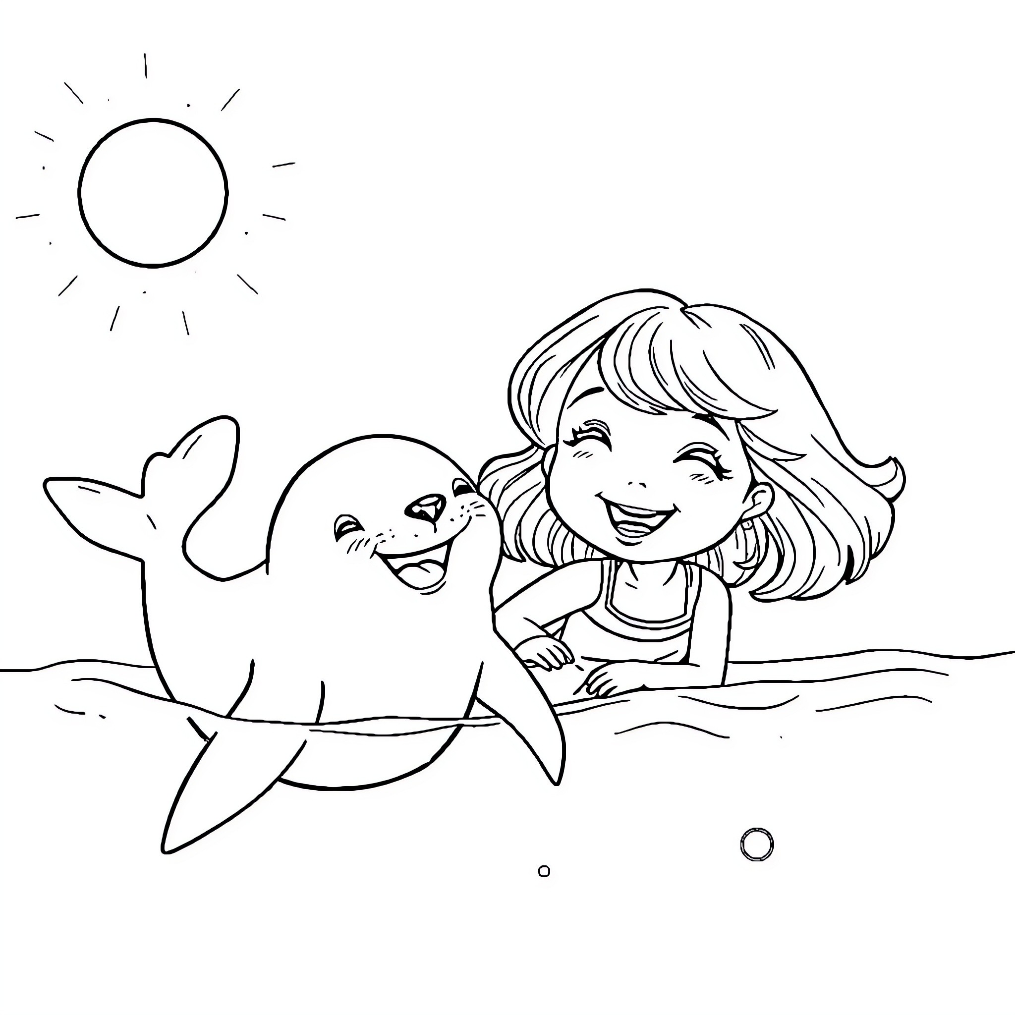Seal playing with girl by the sea Coloring Page (free black-and-white line drawing printable PDF for all, from beginners to advanced learners, including children, teens, adults, and seniors)