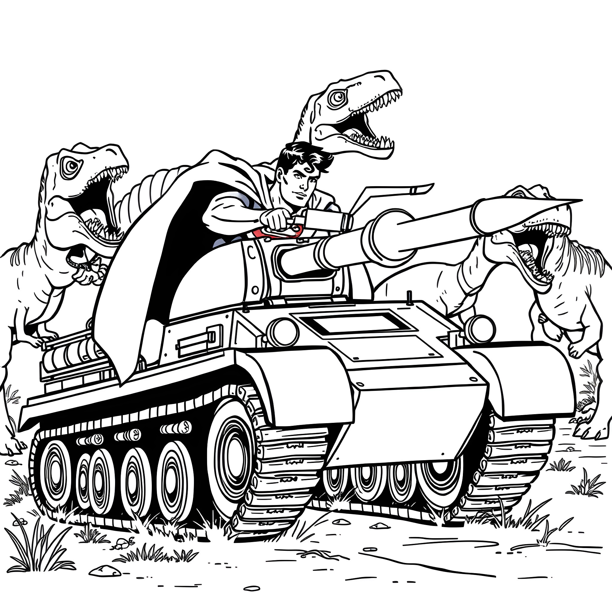 Superman riding a tank with dinosaurs Coloring Page (free black-and-white line drawing printable PDF for all, from beginners to advanced learners, including children, teens, adults, and seniors)