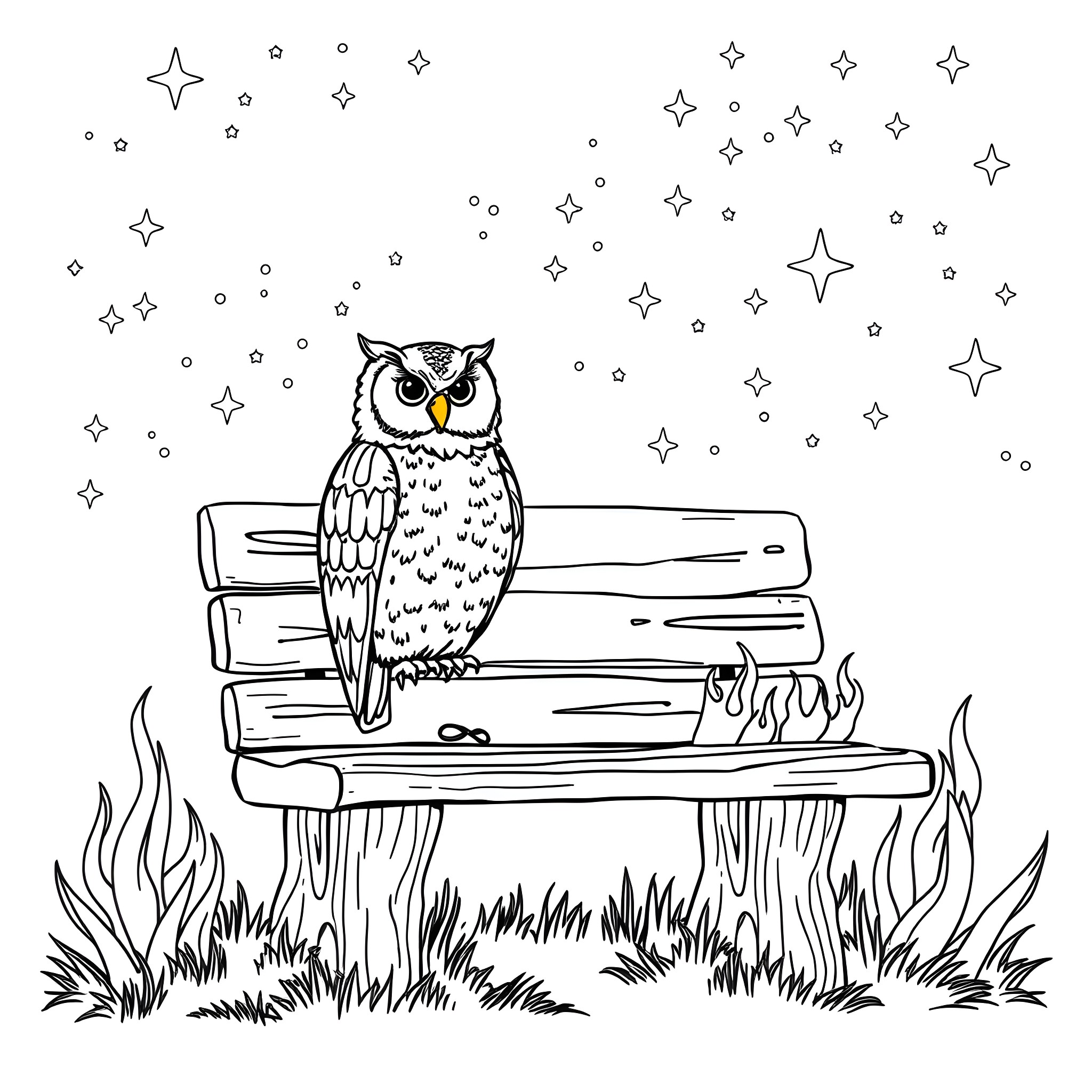 Owl perched on books under the starry night sky Coloring Page (free black-and-white line drawing printable PDF for all, from beginners to advanced learners, including children, teens, adults, and seniors)