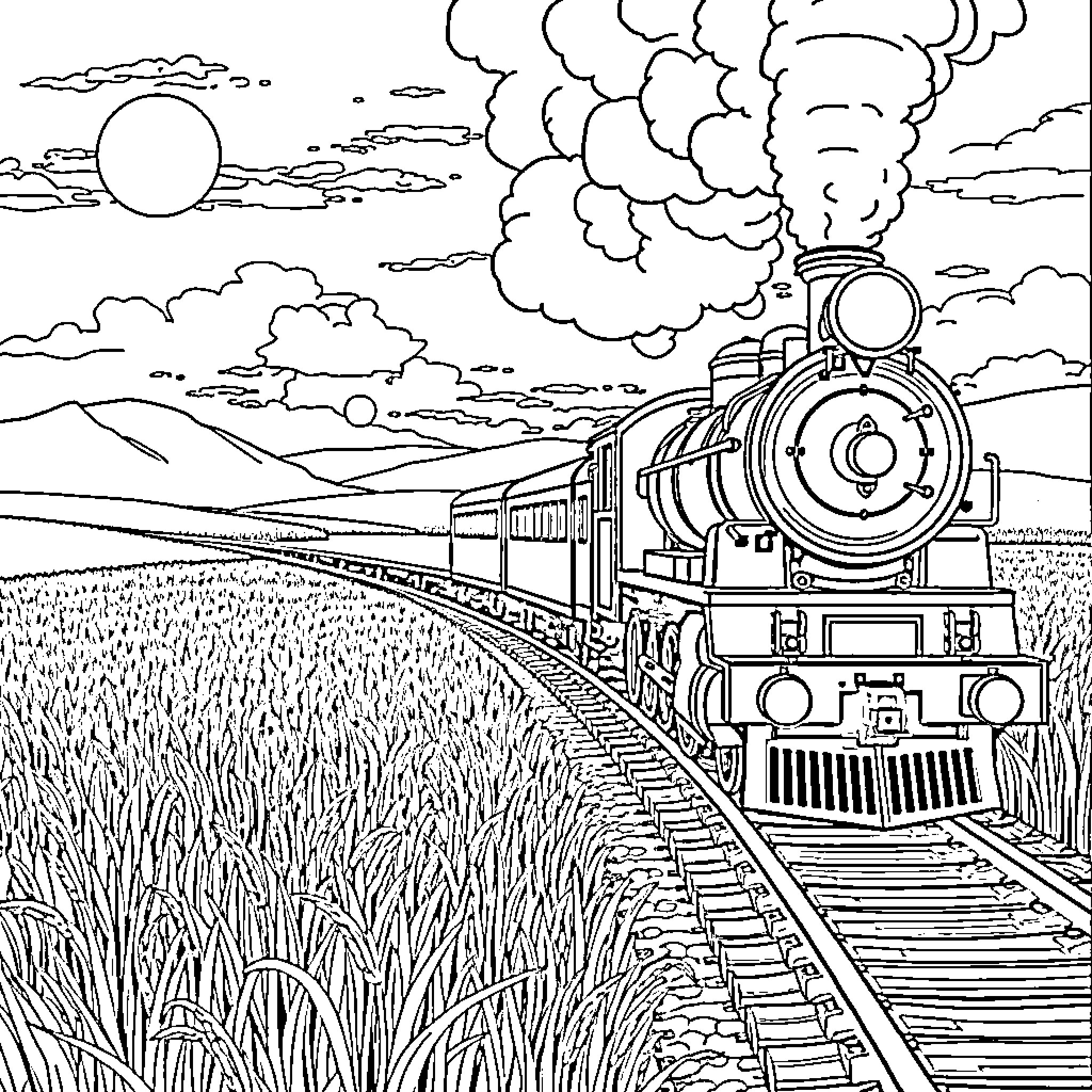 Steam Engine Powering Through Scenic Countryside Coloring Page (free black-and-white line drawing printable PDF for all, from beginners to advanced learners, including children, teens, adults, and seniors)