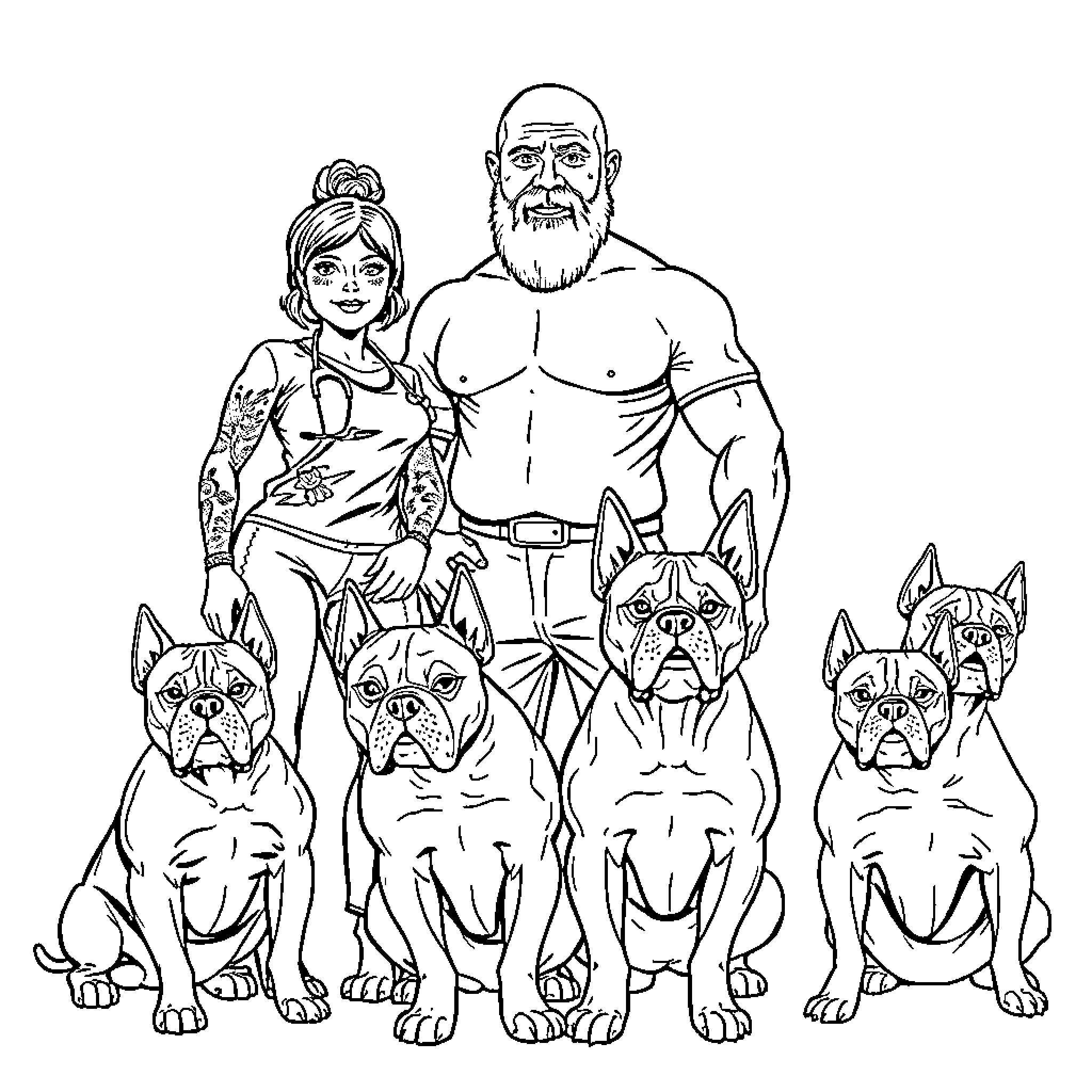Nurse with Muscular Patient and Four Boxer Dogs Coloring Page (free black-and-white line drawing printable PDF for all, from beginners to advanced learners, including children, teens, adults, and seniors)