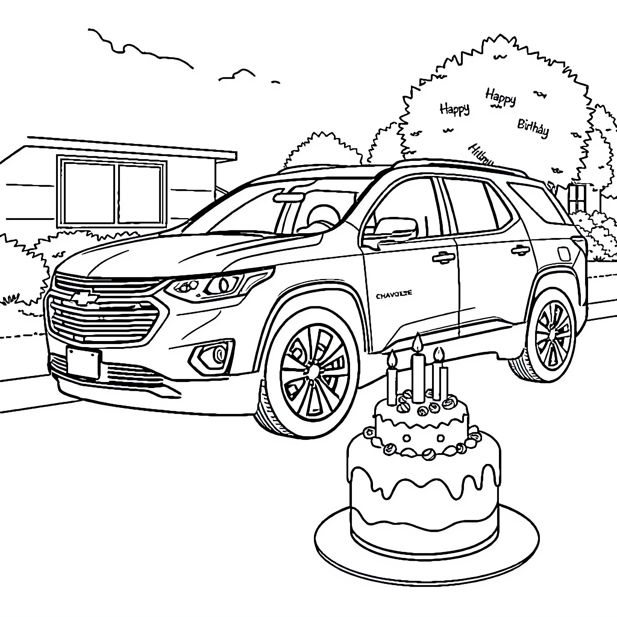 Chevy Traverse parked in front of birthday celebration Coloring Page (free black-and-white line drawing printable PDF for all, from beginners to advanced learners, including children, teens, adults, and seniors)
