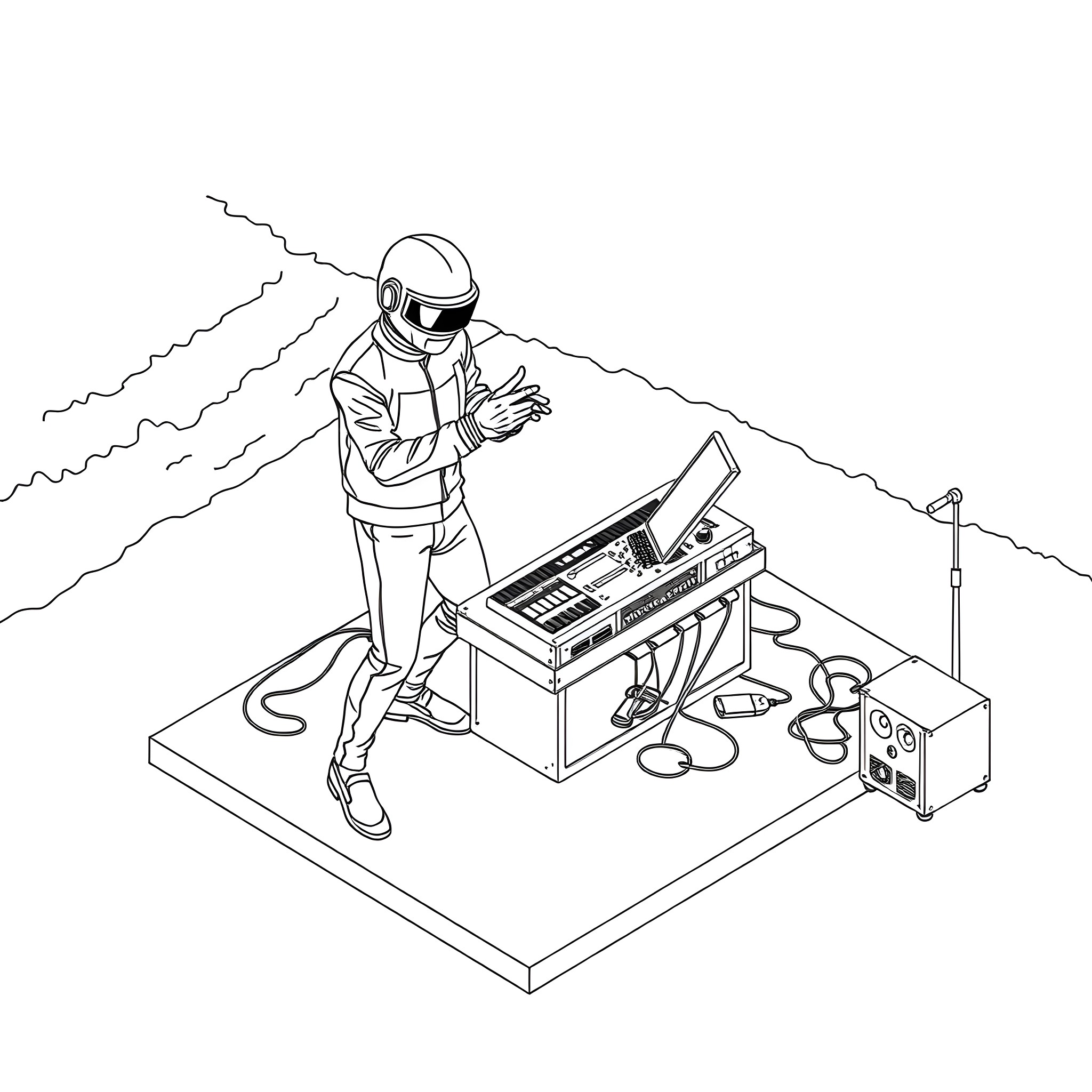 Daft Punk performing on stage with electronic equipment Coloring Page (free black-and-white line drawing printable PDF for all, from beginners to advanced learners, including children, teens, adults, and seniors)