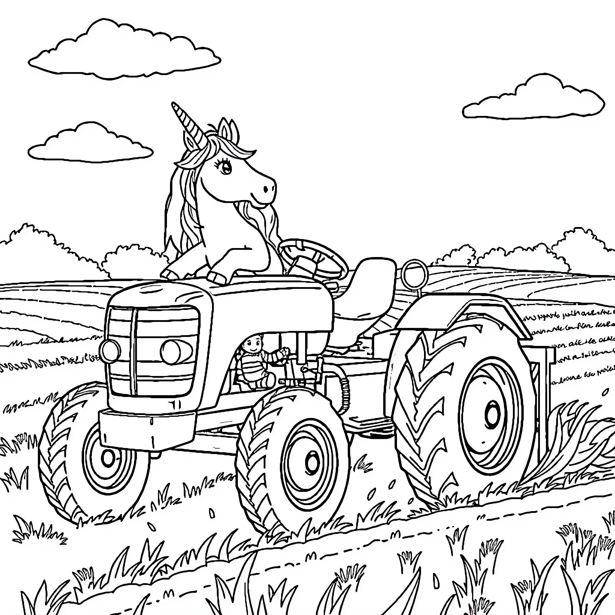 Unicorn riding a tractor through the countryside Coloring Page (free black-and-white line drawing printable PDF for all, from beginners to advanced learners, including children, teens, adults, and seniors)