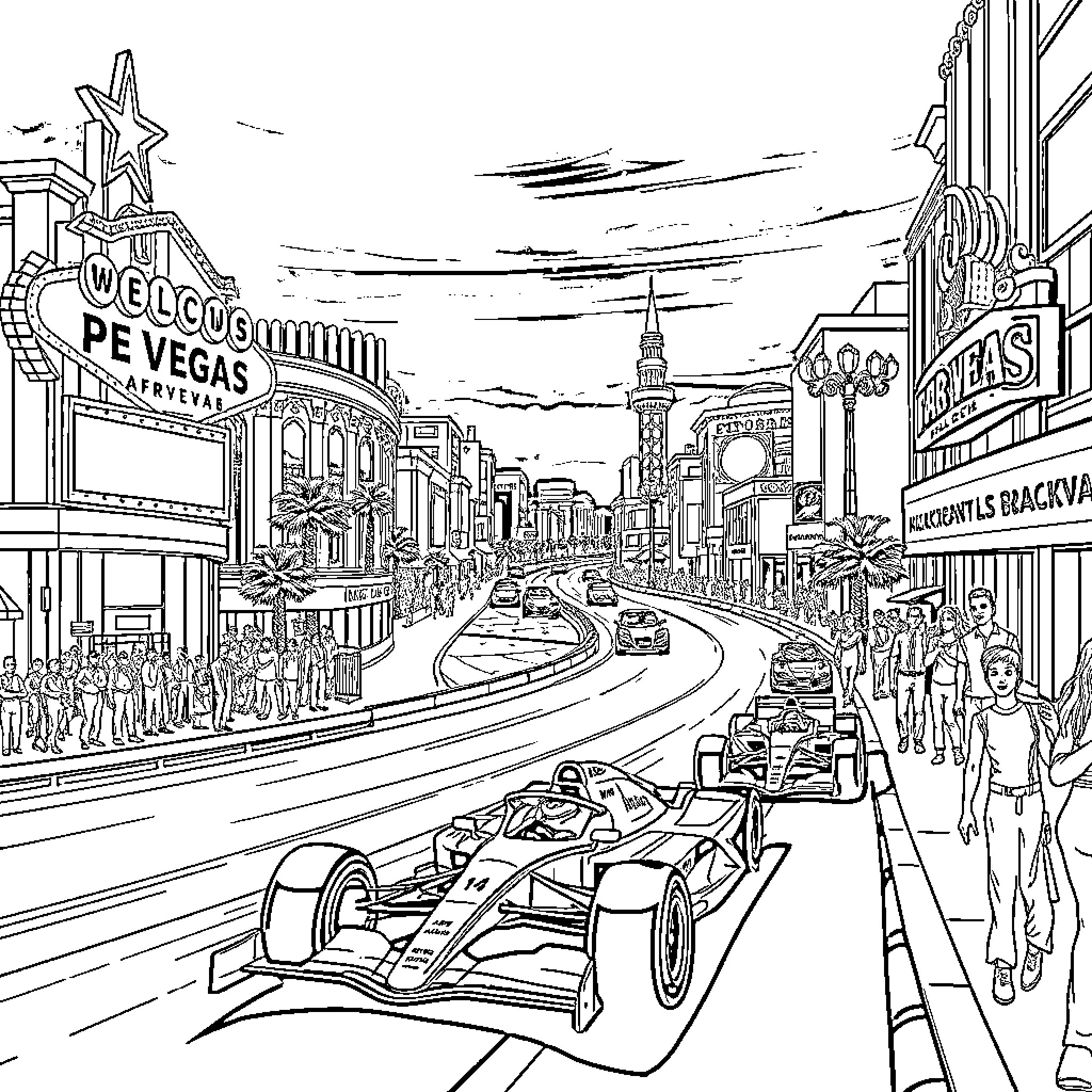 F1 Track through Vibrant City Landscape Coloring Page (free black-and-white line drawing printable PDF for all, from beginners to advanced learners, including children, teens, adults, and seniors)