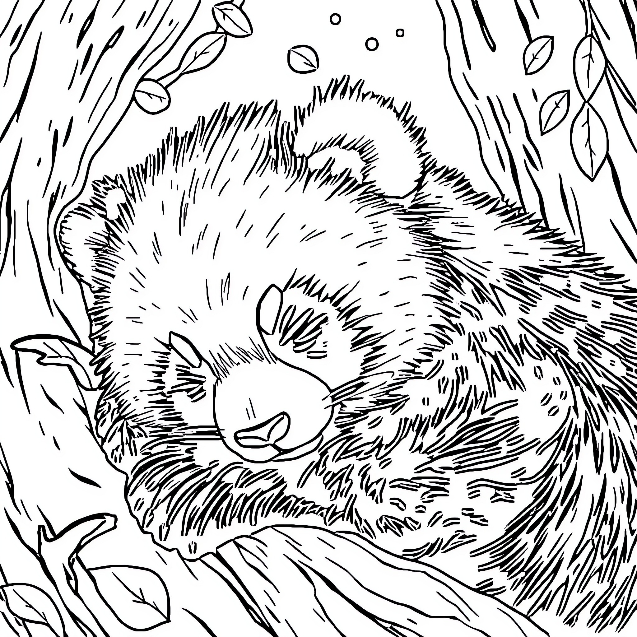 Panda sleeping peacefully in the forest Coloring Page (free black-and-white line drawing printable PDF for all, from beginners to advanced learners, including children, teens, adults, and seniors)