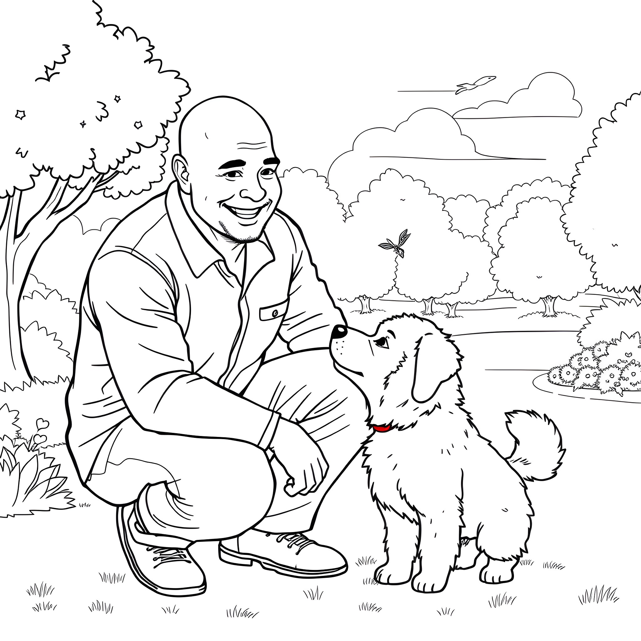 Man affectionately petting a dog in nature Coloring Page (free black-and-white line drawing printable PDF for all, from beginners to advanced learners, including children, teens, adults, and seniors)