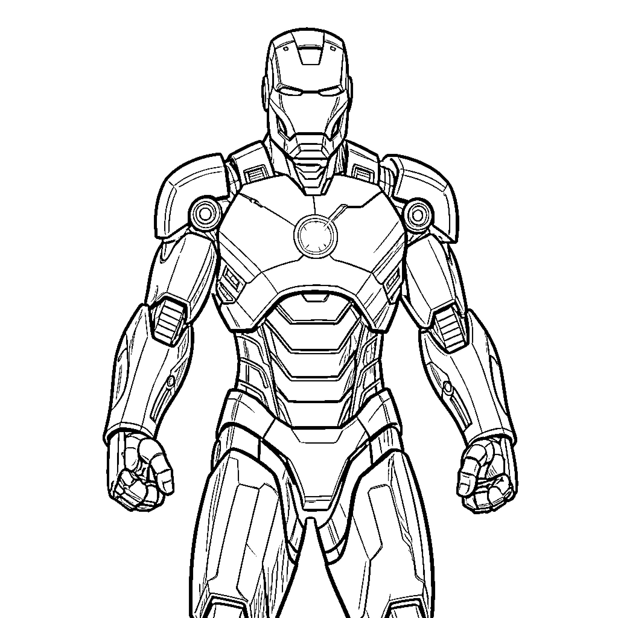 Ironman in heroic pose with advanced suit Coloring Page (free black-and-white line drawing printable PDF for all, from beginners to advanced learners, including children, teens, adults, and seniors)