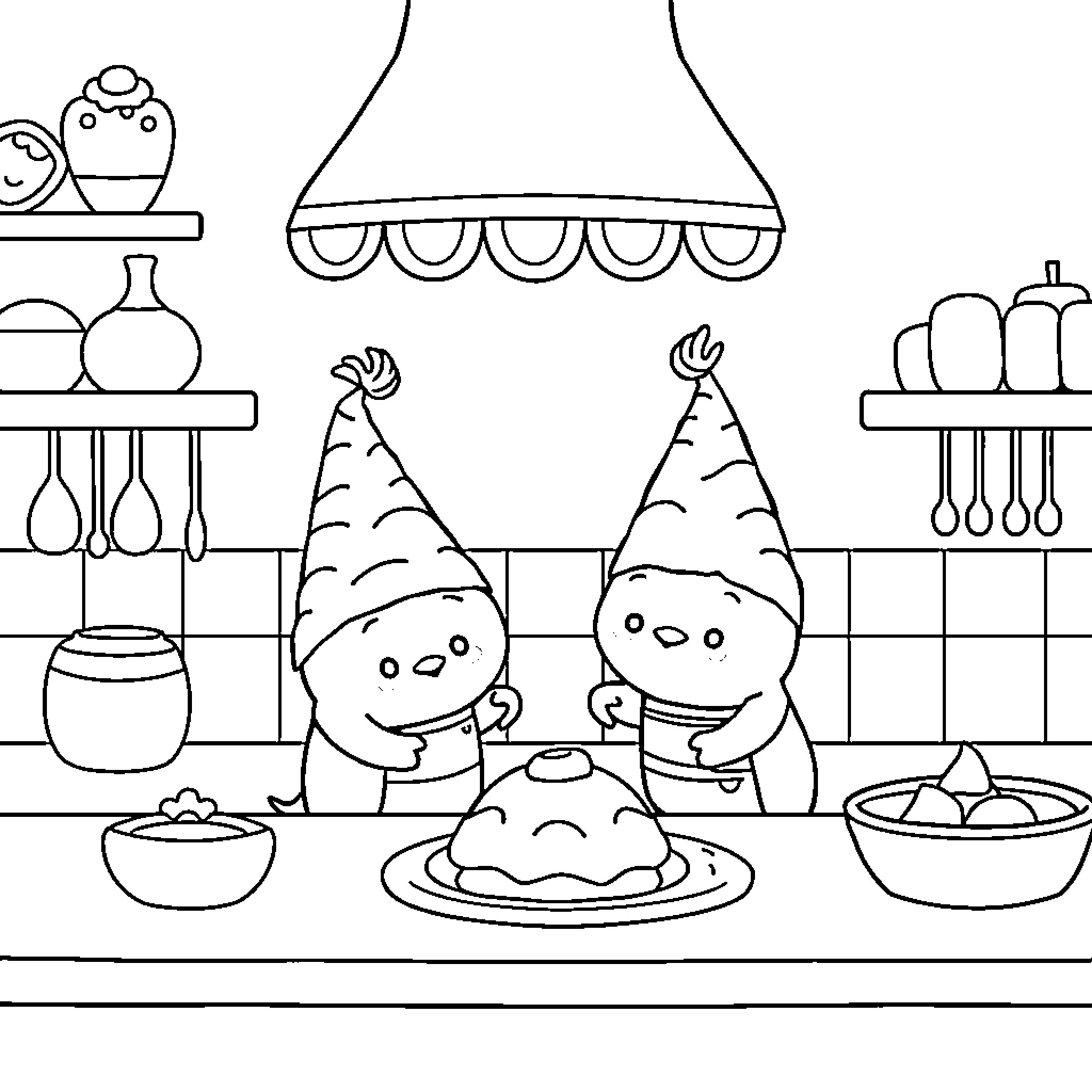 Bunny friends enjoying a festive meal together Coloring Page (free black-and-white line drawing printable PDF for all, from beginners to advanced learners, including children, teens, adults, and seniors)