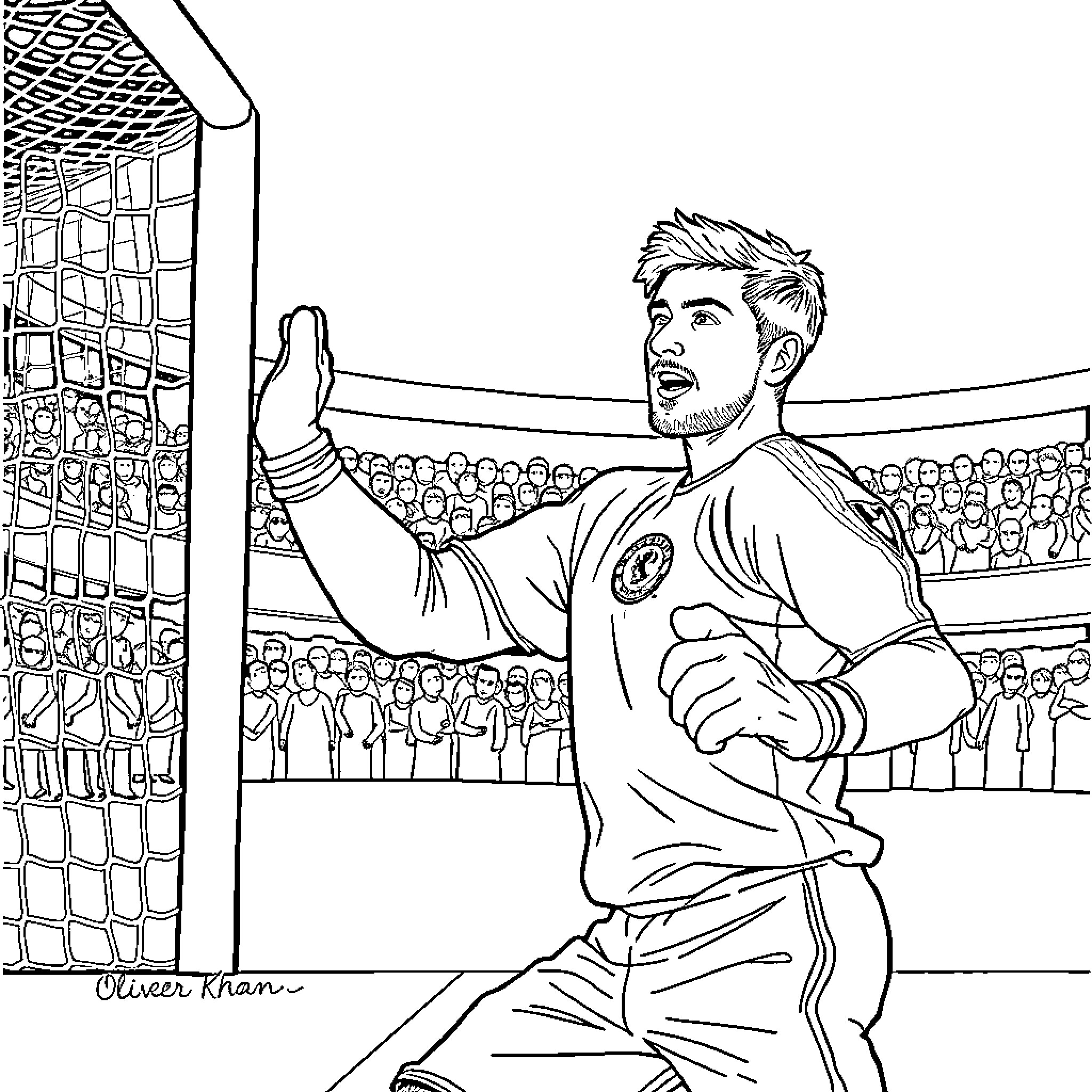 Oliver Khan celebrating victory on the soccer field Coloring Page (free black-and-white line drawing printable PDF for all, from beginners to advanced learners, including children, teens, adults, and seniors)