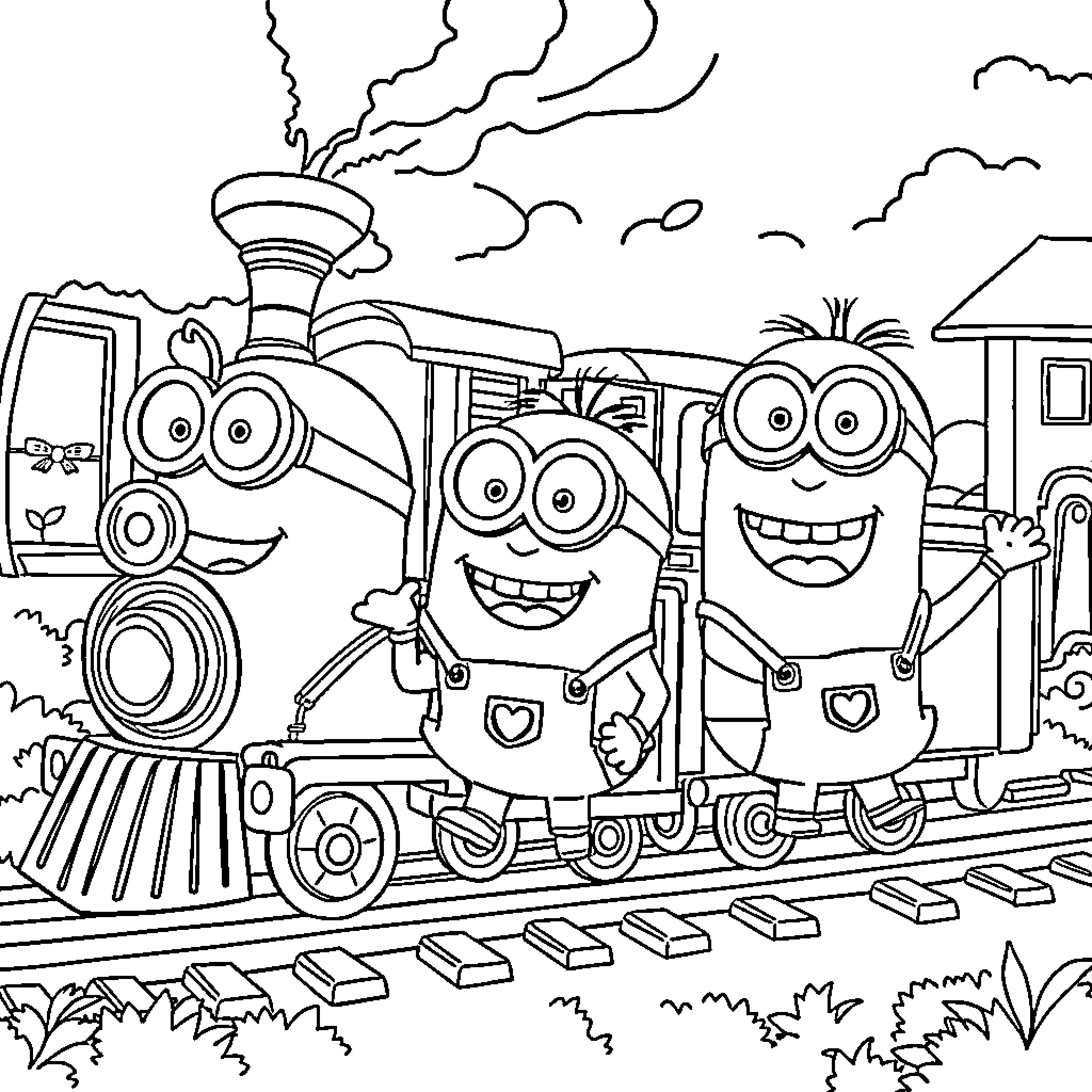 Minions riding a fun train through the countryside Coloring Page (free black-and-white line drawing printable PDF for all, from beginners to advanced learners, including children, teens, adults, and seniors)