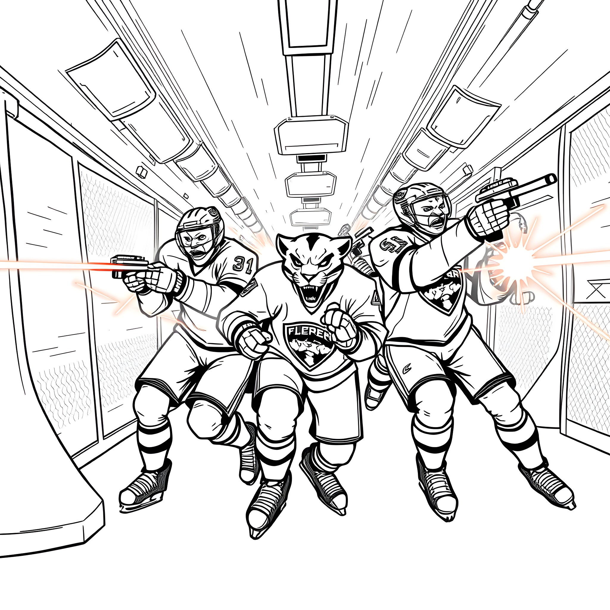 Panther Hockey Players Engaging in Intense Action Coloring Page (free black-and-white line drawing printable PDF for all, from beginners to advanced learners, including children, teens, adults, and seniors)