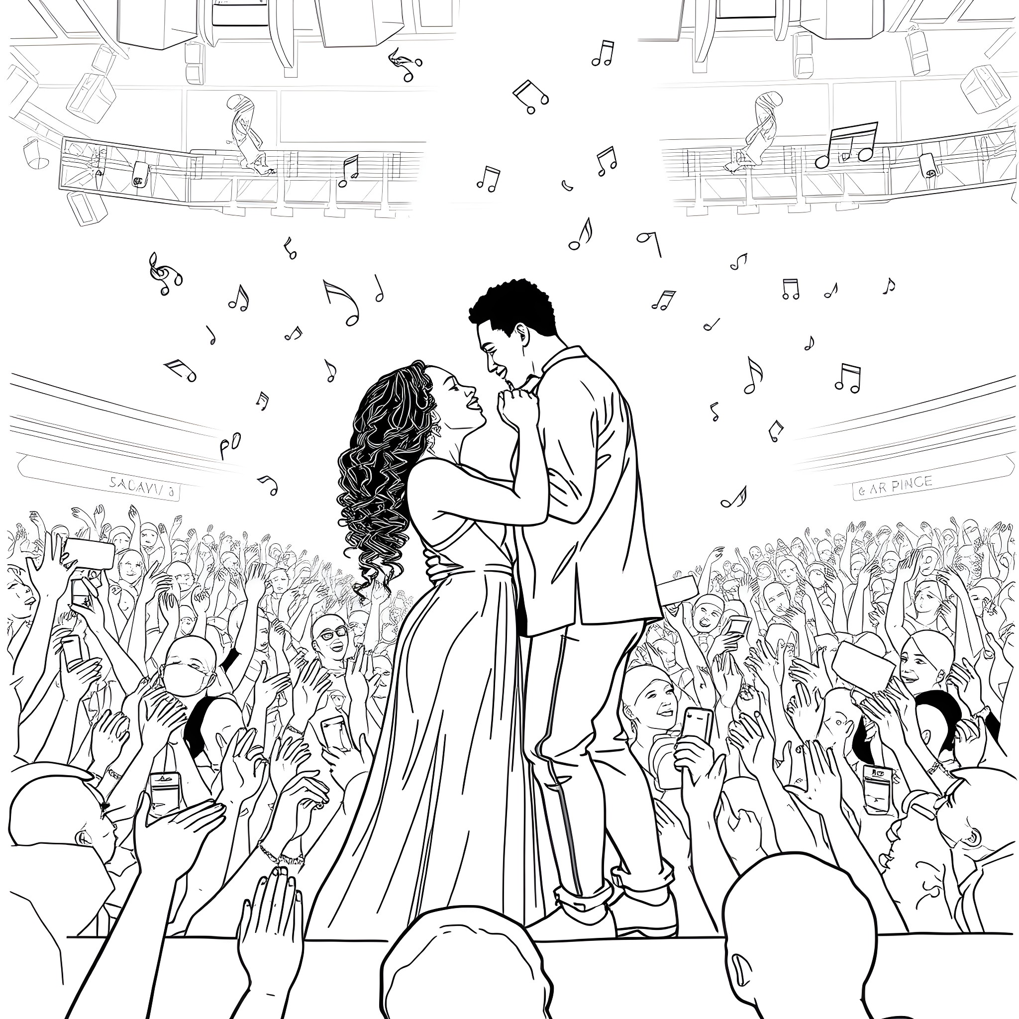 SZA's Captivating Embrace at the Music Awards Coloring Page (free black-and-white line drawing printable PDF for all, from beginners to advanced learners, including children, teens, adults, and seniors)