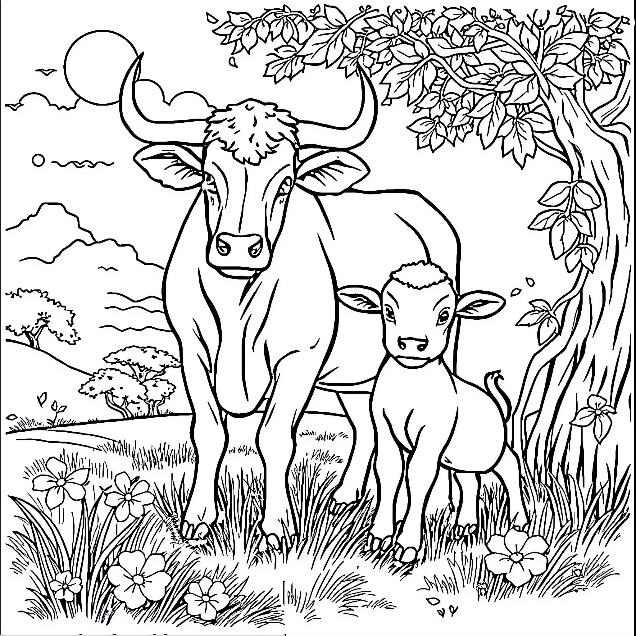 Cow and Goat standing together in a scenic landscape Coloring Page (free black-and-white line drawing printable PDF for all, from beginners to advanced learners, including children, teens, adults, and seniors)
