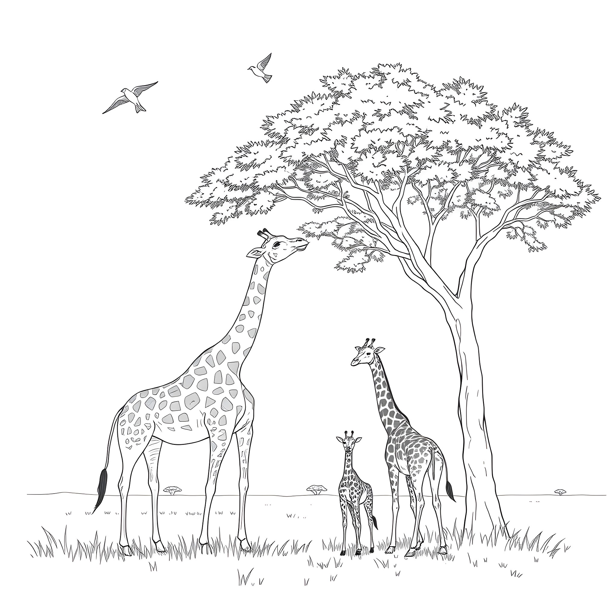 Giraffes enjoying the shade under the tree Coloring Page (free black-and-white line drawing printable PDF for all, from beginners to advanced learners, including children, teens, adults, and seniors)