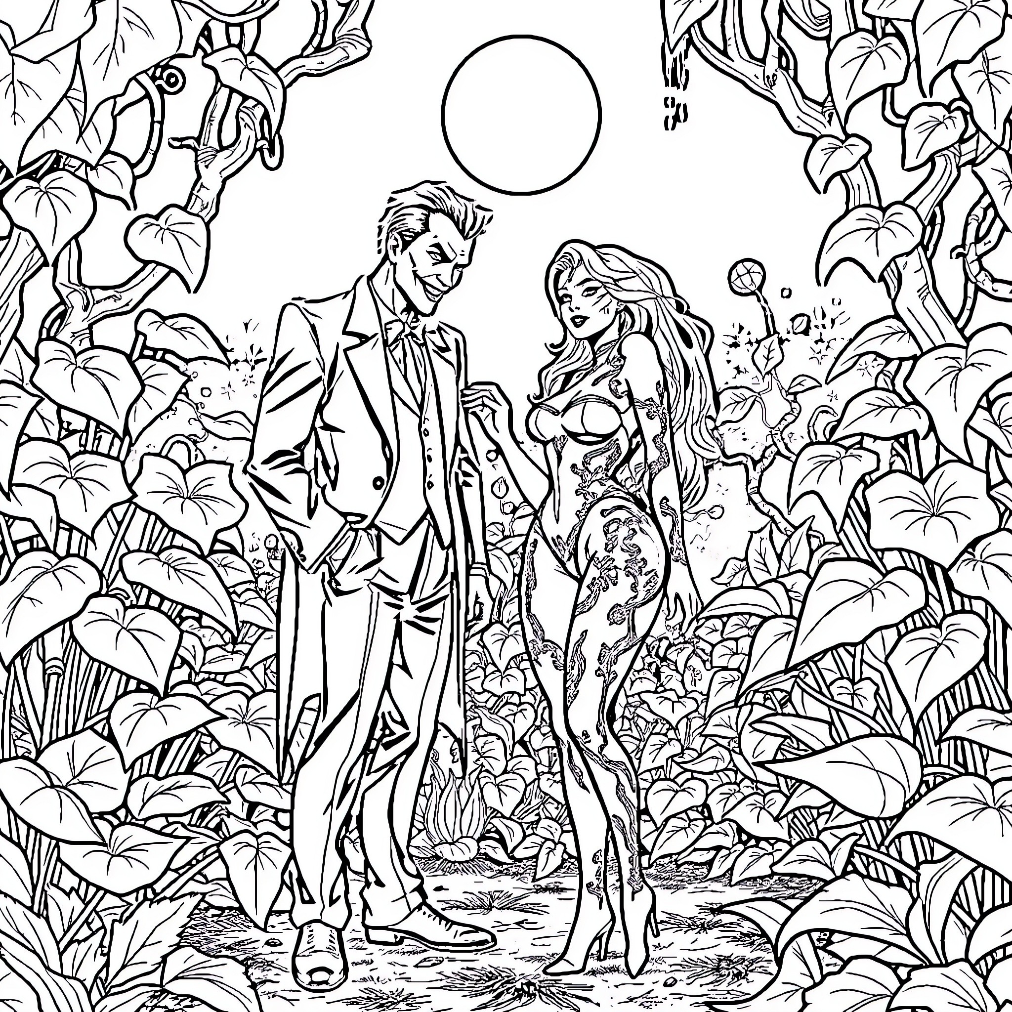 Joker and Mermaid in Lush Jungle Landscape Coloring Page (free black-and-white line drawing printable PDF for all, from beginners to advanced learners, including children, teens, adults, and seniors)