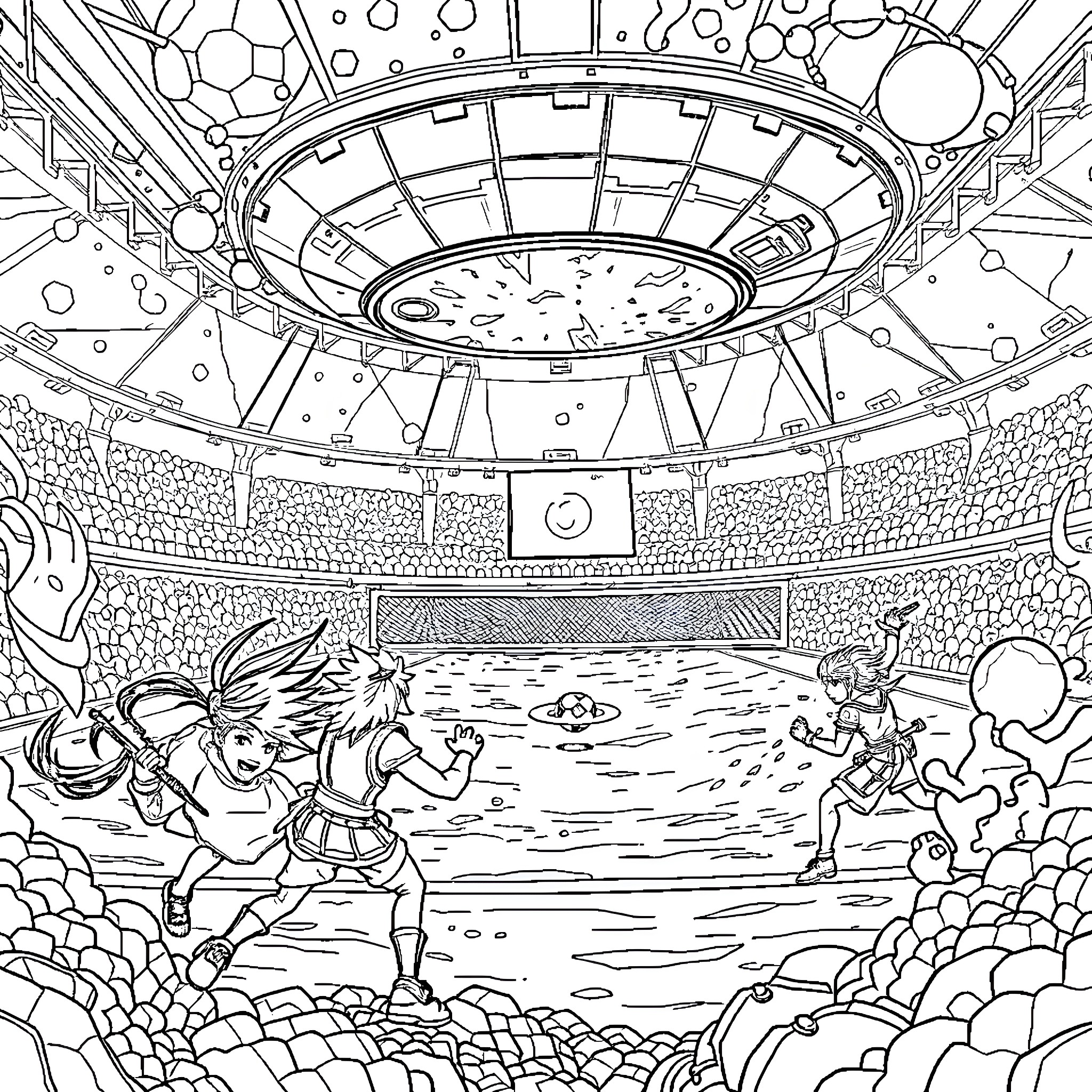 Final Fantasy X: Characters Battle in Futuristic Arena Coloring Page (free black-and-white line drawing printable PDF for all, from beginners to advanced learners, including children, teens, adults, and seniors)