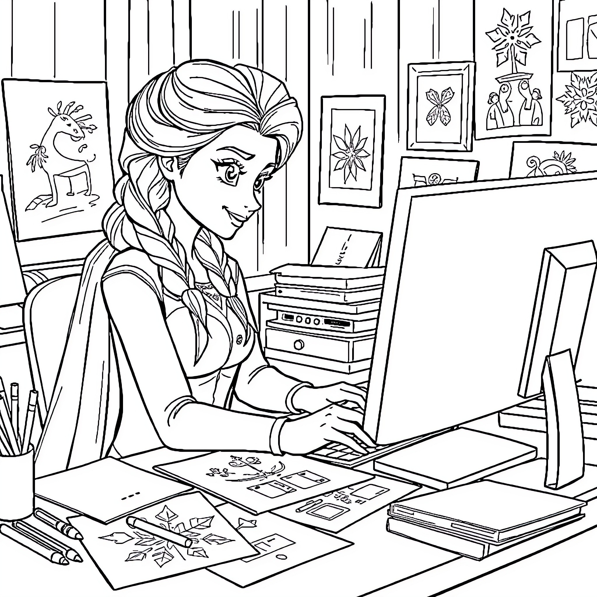 Elsa at her creative workspace Coloring Page (free black-and-white line drawing printable PDF for all, from beginners to advanced learners, including children, teens, adults, and seniors)