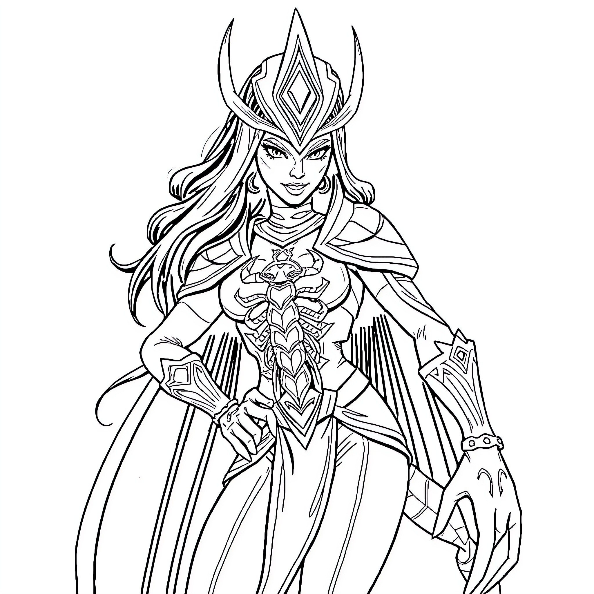 Scorpion Queen in Mystical Attire Coloring Page (free black-and-white line drawing printable PDF for all, from beginners to advanced learners, including children, teens, adults, and seniors)