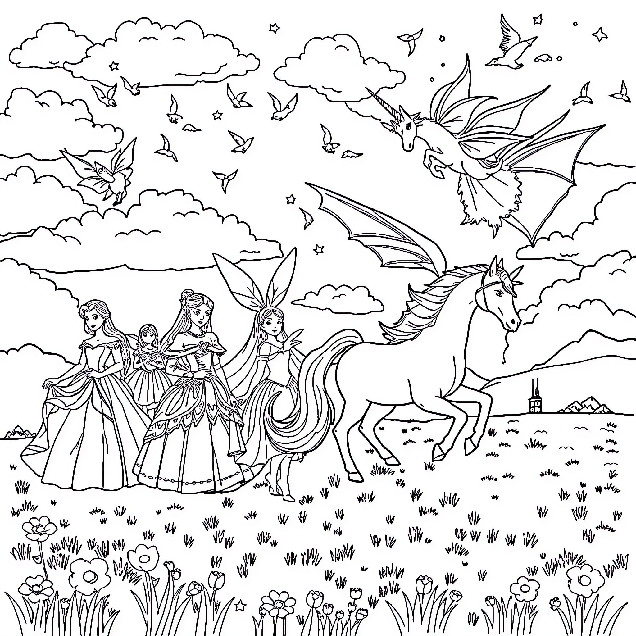 Princess Adventure with Unicorn and Fairies Coloring Page (free black-and-white line drawing printable PDF for all, from beginners to advanced learners, including children, teens, adults, and seniors)