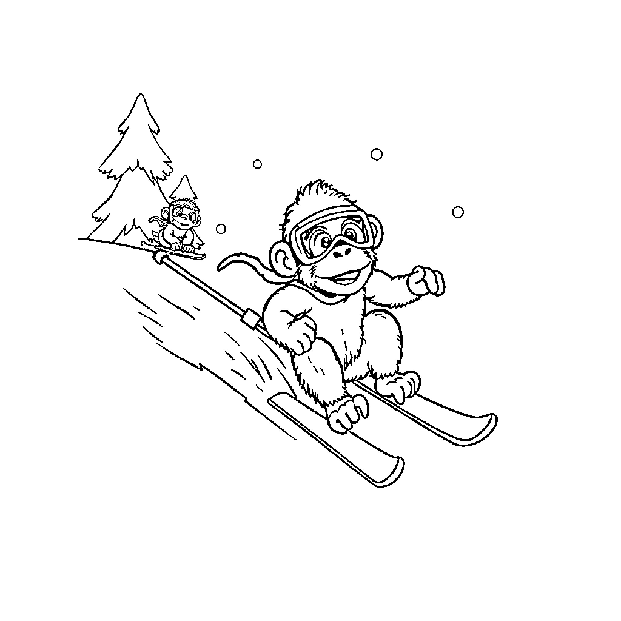 Monkey skiing down the snowy mountain Coloring Page (free black-and-white line drawing printable PDF for all, from beginners to advanced learners, including children, teens, adults, and seniors)