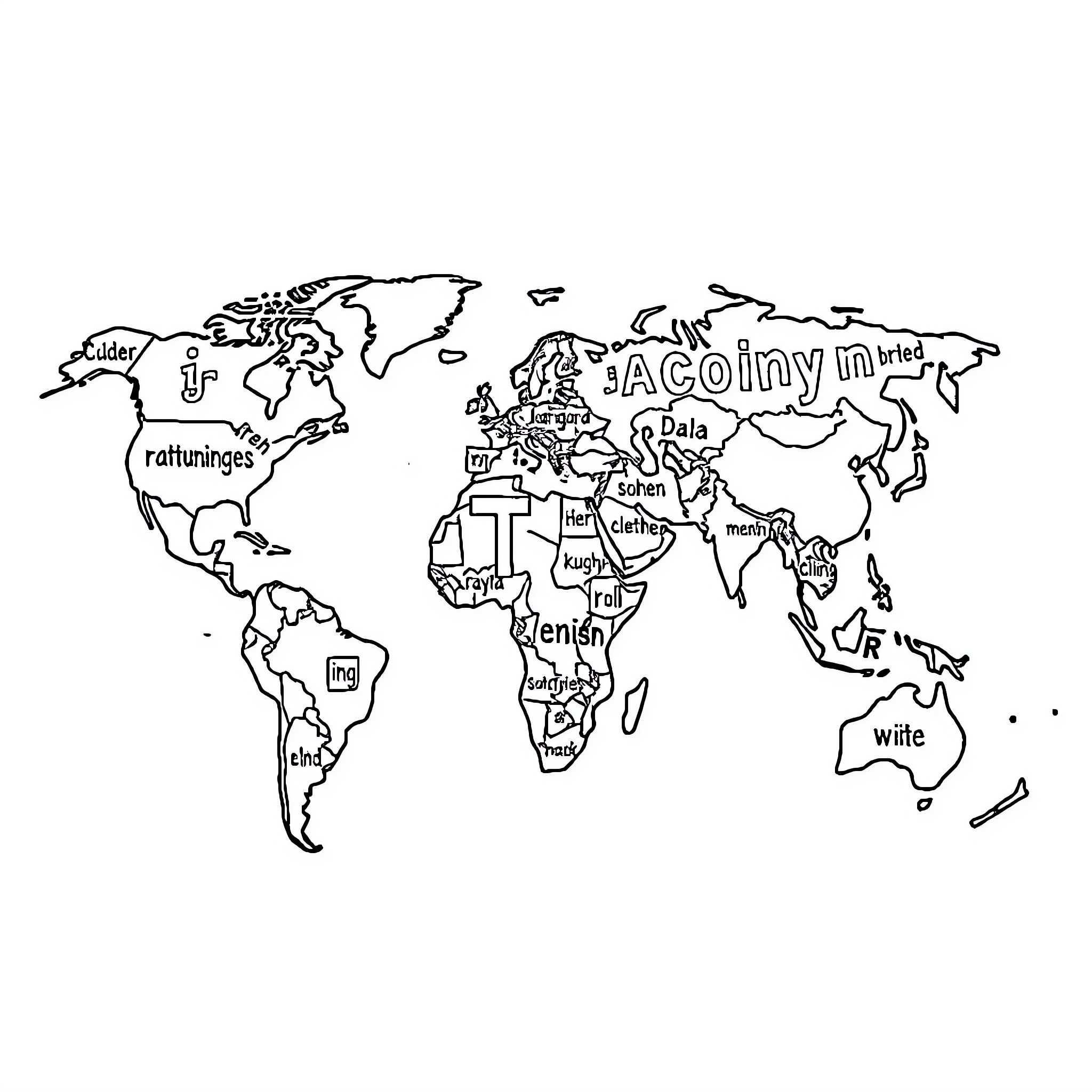Continent World Map with Typographic Representation Coloring Page (free black-and-white line drawing printable PDF for all, from beginners to advanced learners, including children, teens, adults, and seniors)