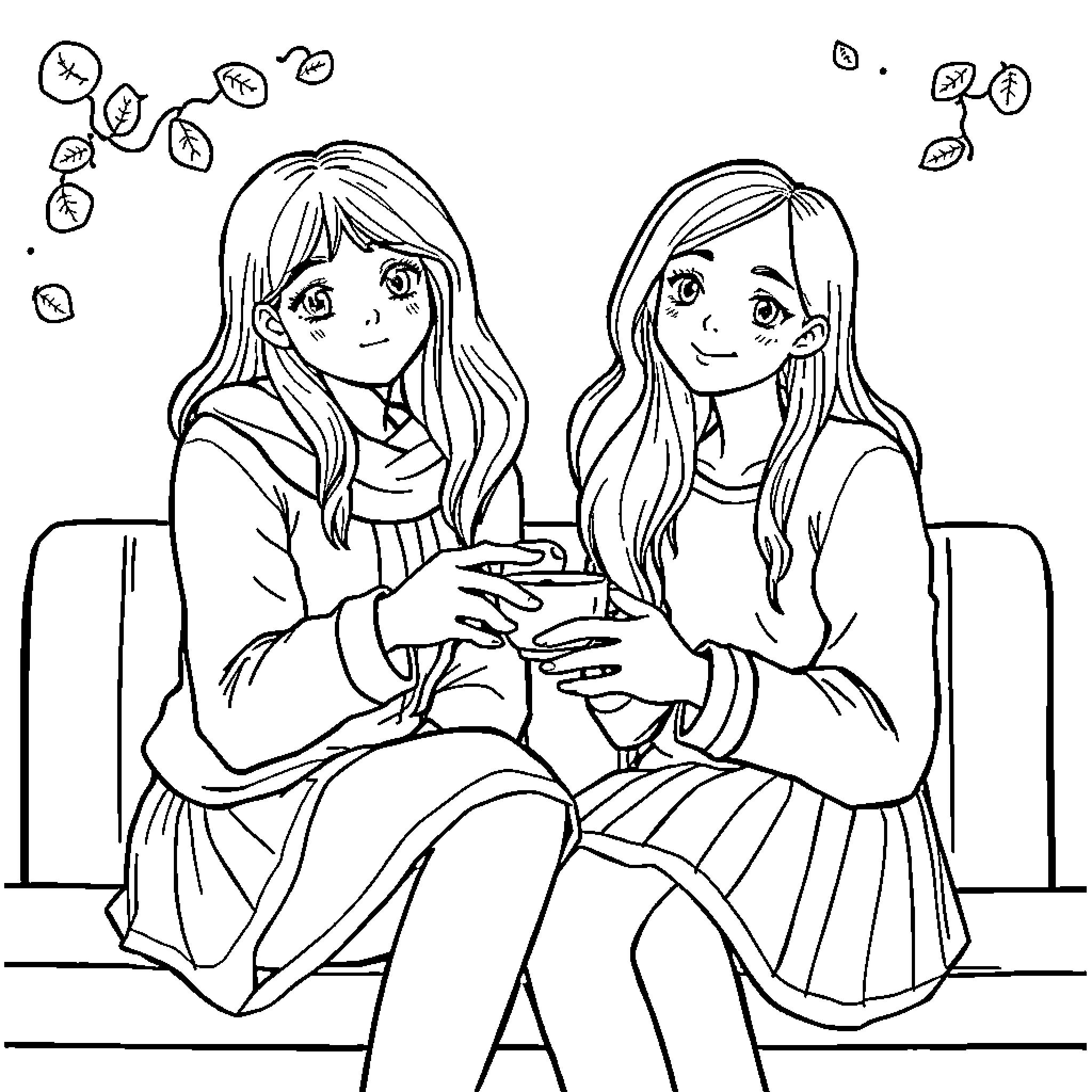 Girl friends enjoying each other's company on a cozy day Coloring Page (free black-and-white line drawing printable PDF for all, from beginners to advanced learners, including children, teens, adults, and seniors)