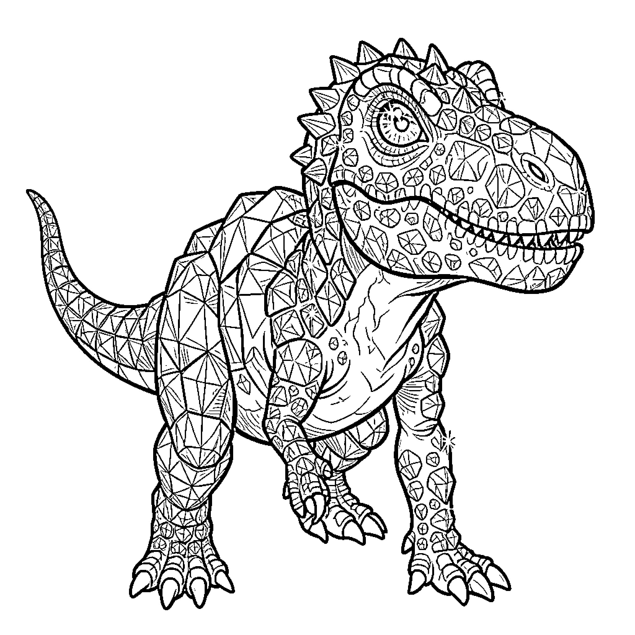 Dinosaur standing proudly with detailed geometric patterns Coloring Page (free black-and-white line drawing printable PDF for all, from beginners to advanced learners, including children, teens, adults, and seniors)
