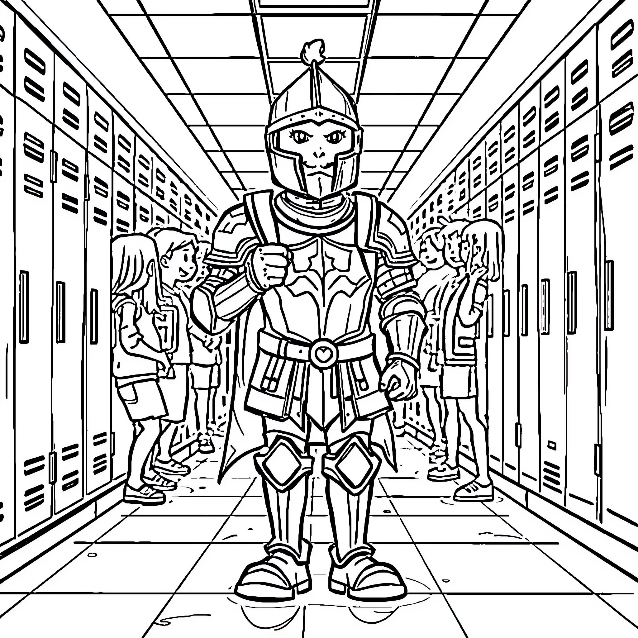 Knight Stands Tall in School Hallway Coloring Page (free black-and-white line drawing printable PDF for all, from beginners to advanced learners, including children, teens, adults, and seniors)