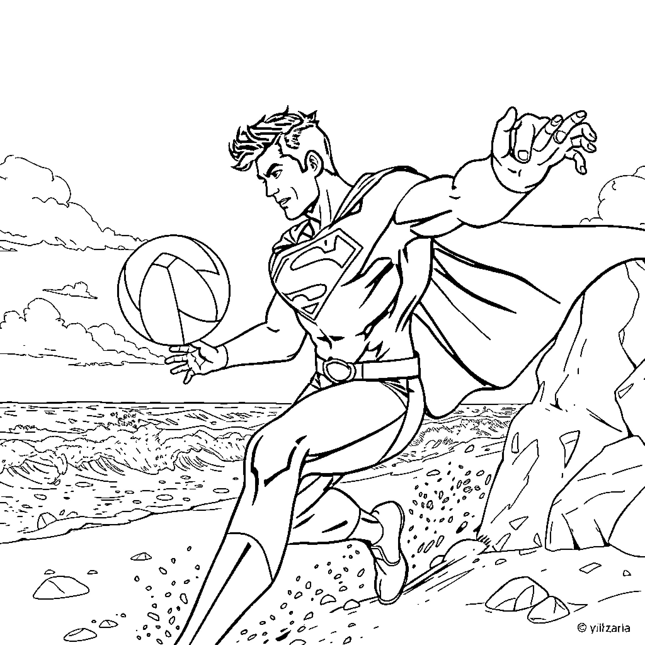 Superman playing with a beach ball in the outdoors Coloring Page (free black-and-white line drawing printable PDF for all, from beginners to advanced learners, including children, teens, adults, and seniors)
