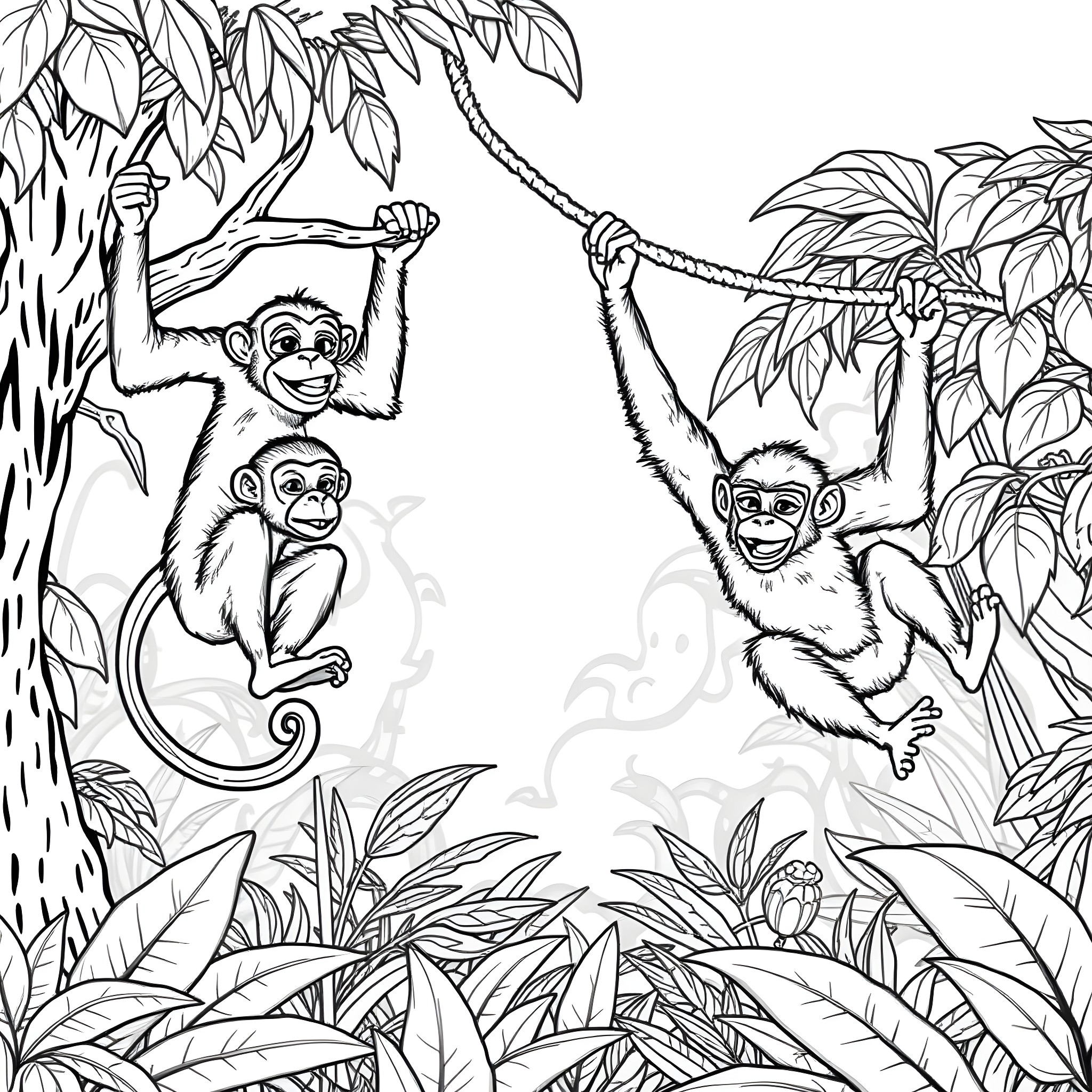 Monkeys Playing in the Lush Jungle Coloring Page (free black-and-white line drawing printable PDF for all, from beginners to advanced learners, including children, teens, adults, and seniors)