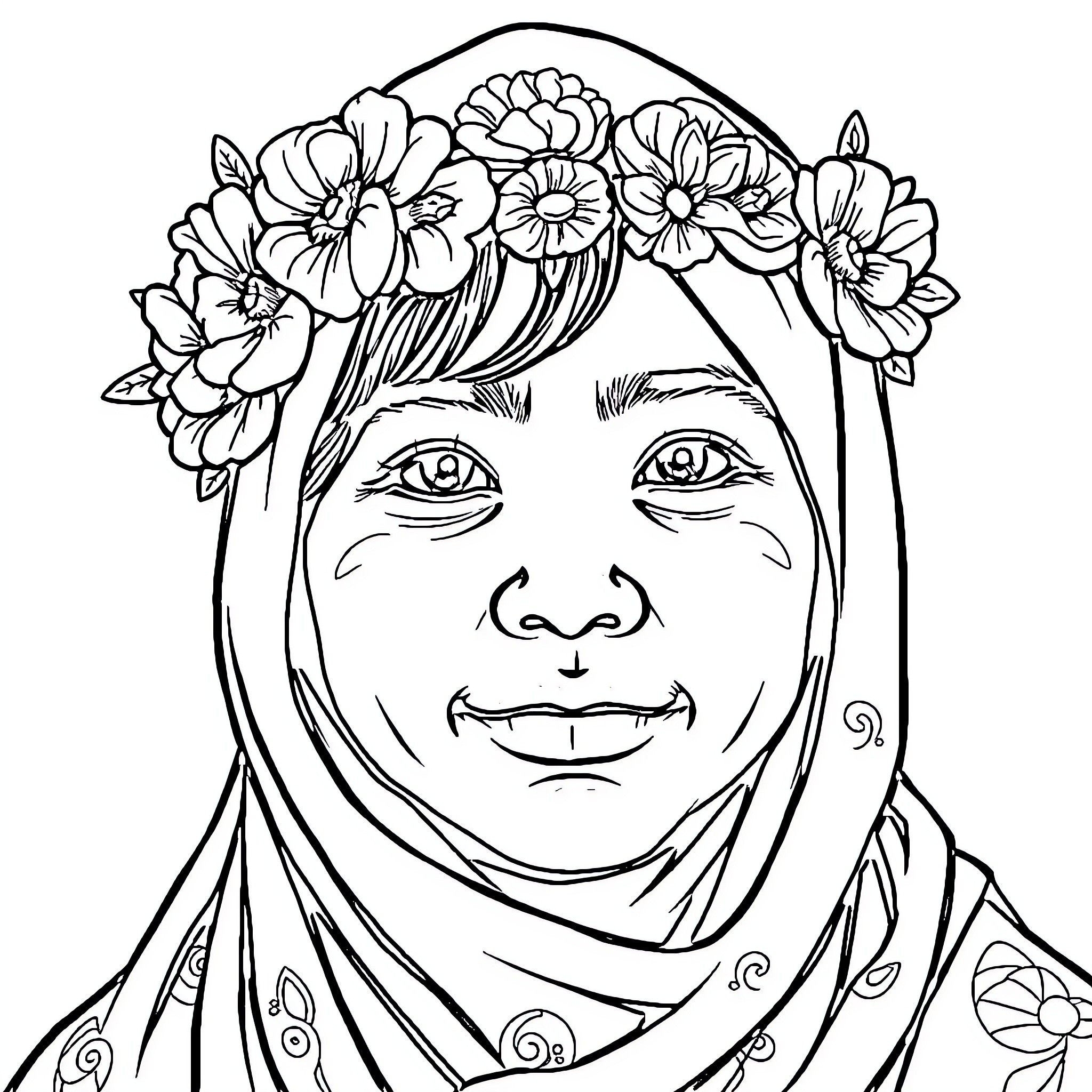 Person wearing floral headpiece and hijab smiling Coloring Page (free black-and-white line drawing printable PDF for all, from beginners to advanced learners, including children, teens, adults, and seniors)