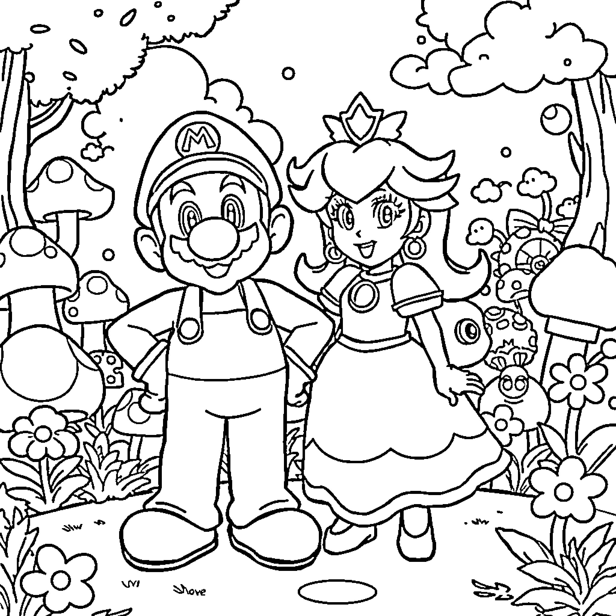 Mario and Princess exploring the enchanted mushroom kingdom Coloring Page (free black-and-white line drawing printable PDF for all, from beginners to advanced learners, including children, teens, adults, and seniors)