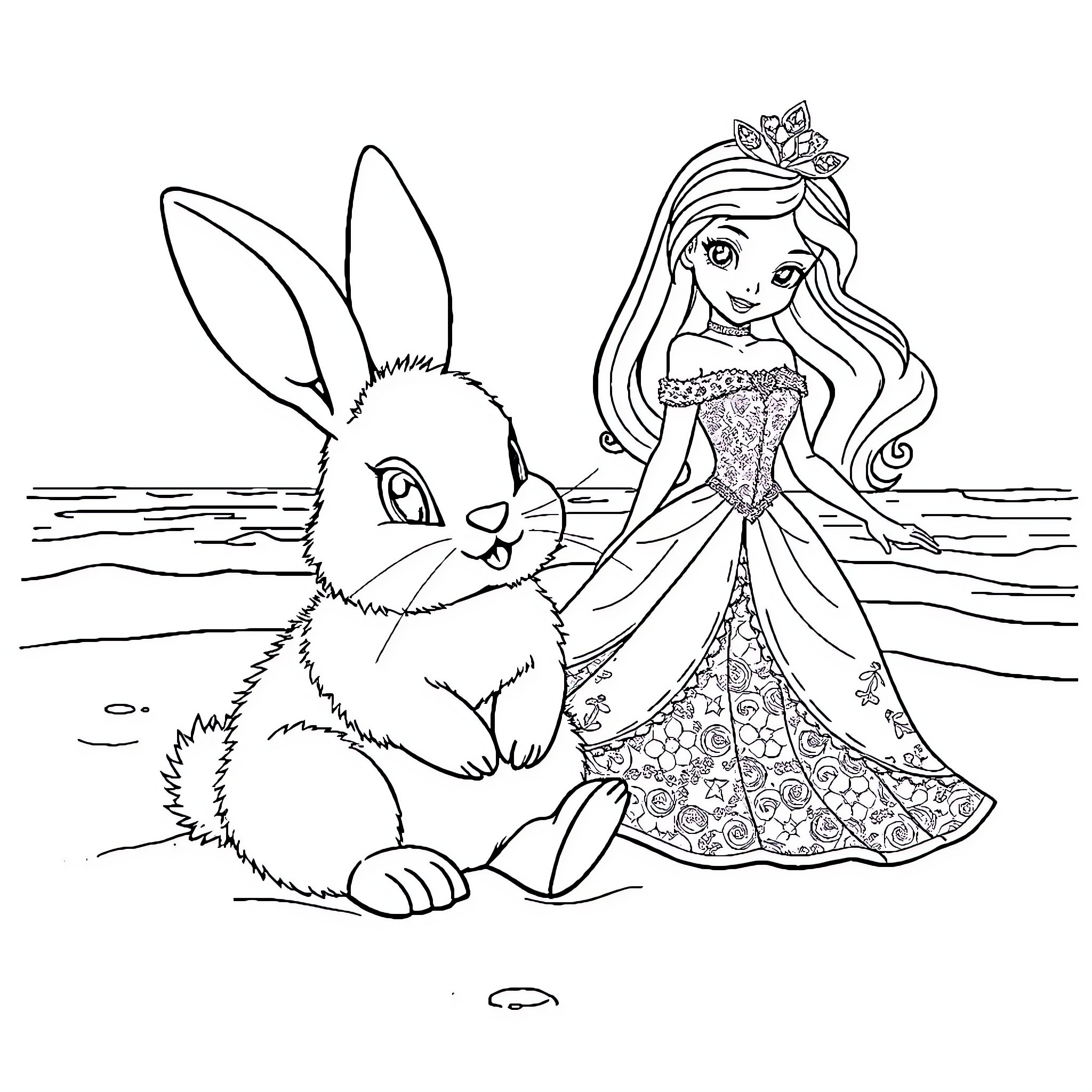 Bunny and Princess Posing Together Coloring Page (free black-and-white line drawing printable PDF for all, from beginners to advanced learners, including children, teens, adults, and seniors)