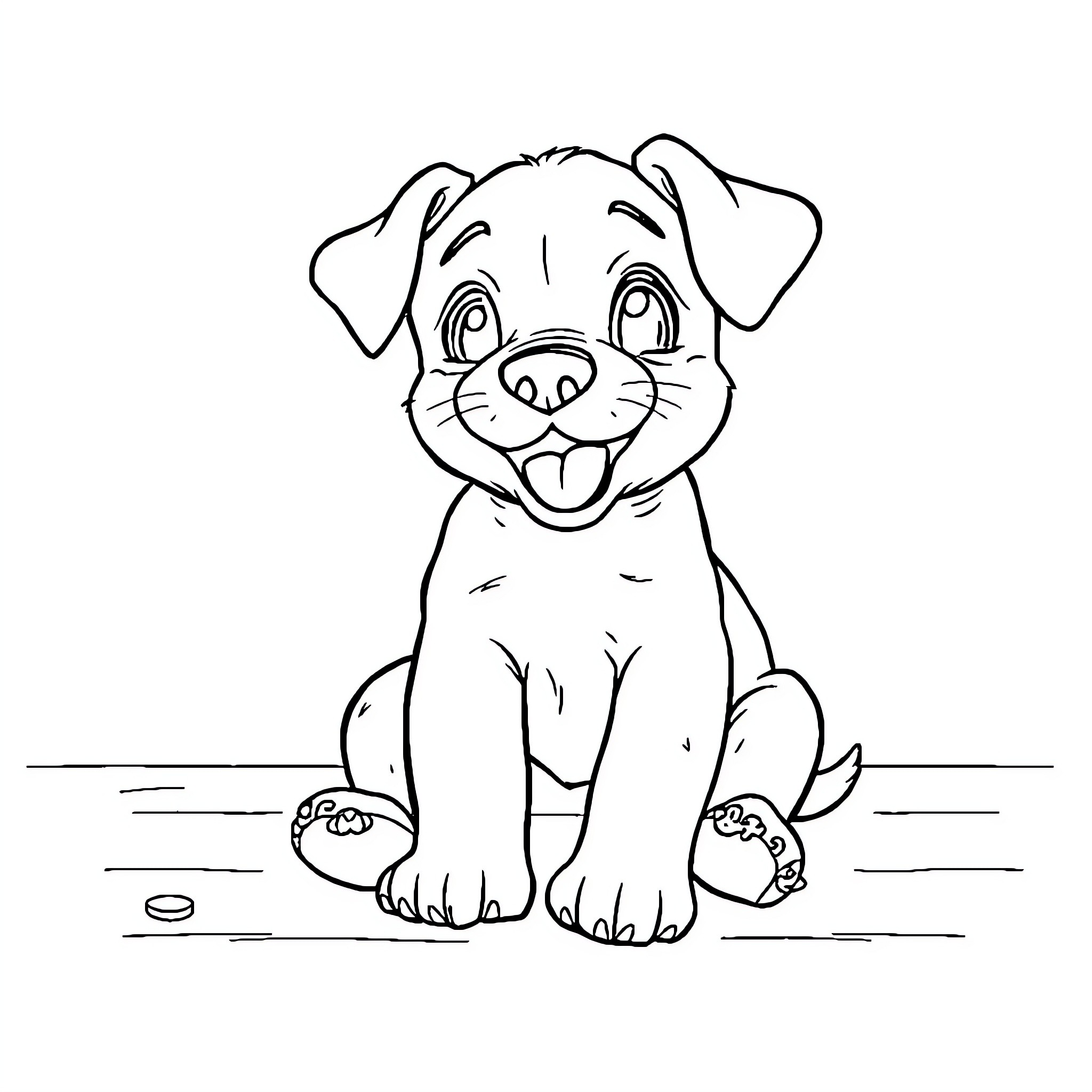 Puppy sitting happily on the ground Coloring Page (free black-and-white line drawing printable PDF for all, from beginners to advanced learners, including children, teens, adults, and seniors)