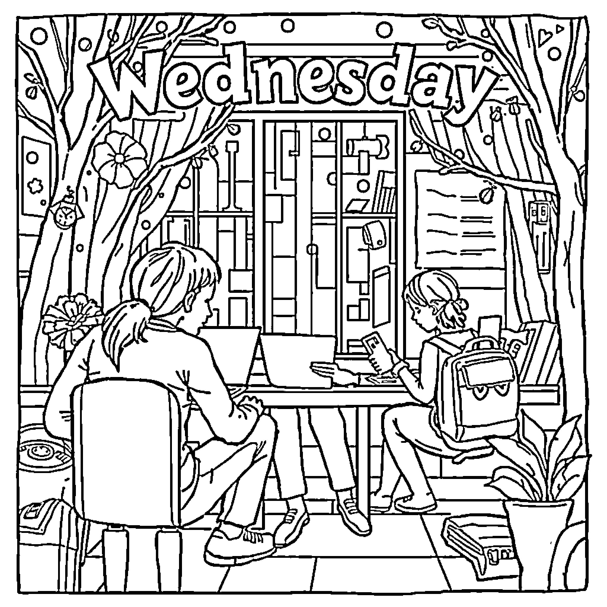 Wednesday Classroom Scene with Students Coloring Page (free black-and-white line drawing printable PDF for all, from beginners to advanced learners, including children, teens, adults, and seniors)